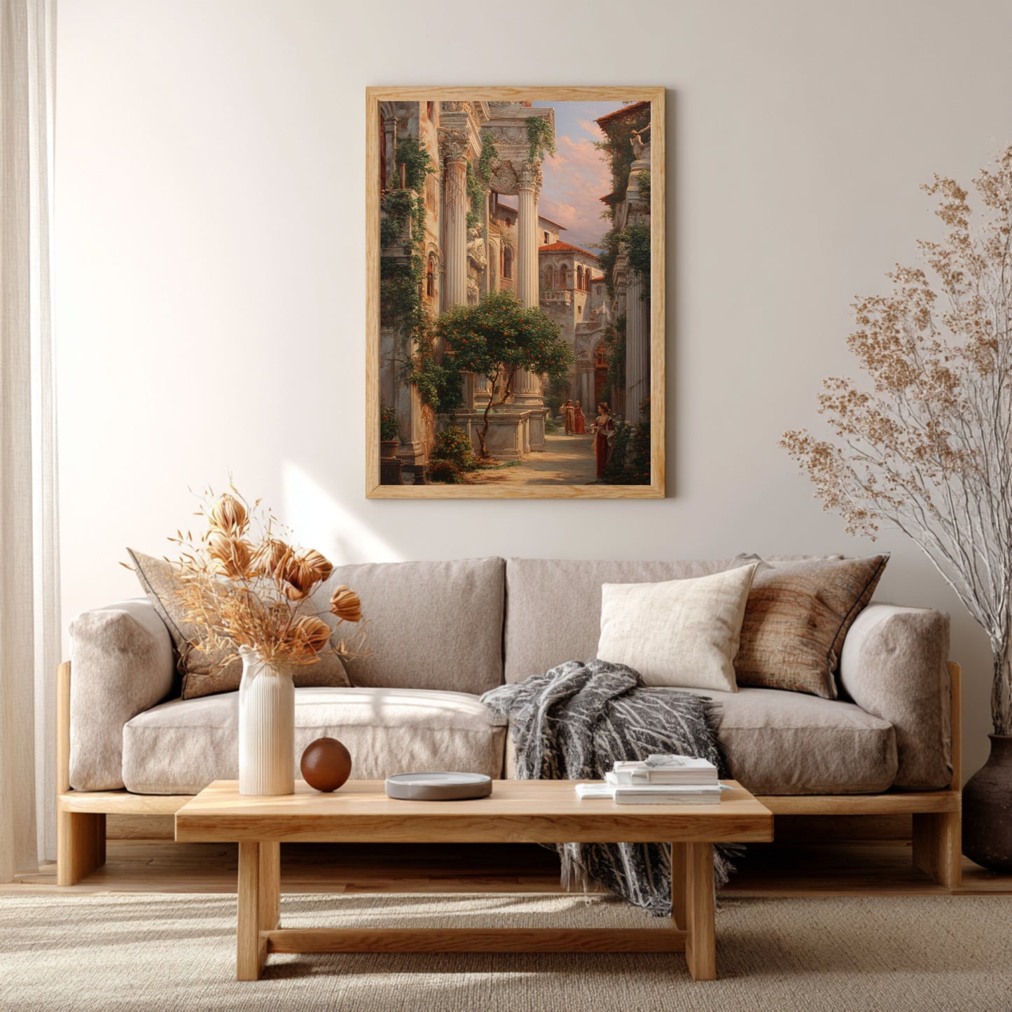 Renaissance Courtyard Elegance – Framed Poster of Noblewoman beneath Marble Columns | Italian Garden Wall Art