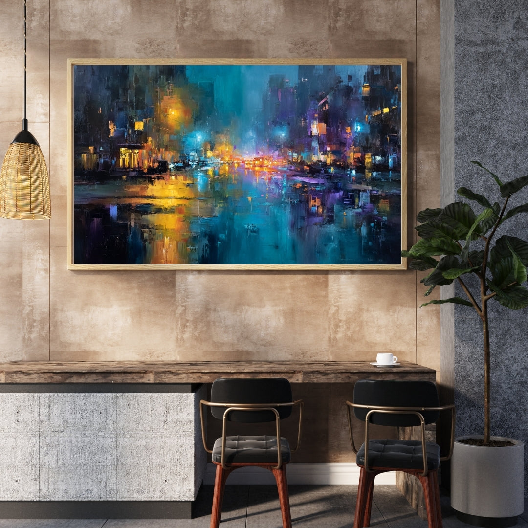 Deep Night Streets - Framed Abstract Cityscape Art Print - Modern Urban Nocturne - Streetlights Reflection - Acrylic Front Protector - Home & Office Decor