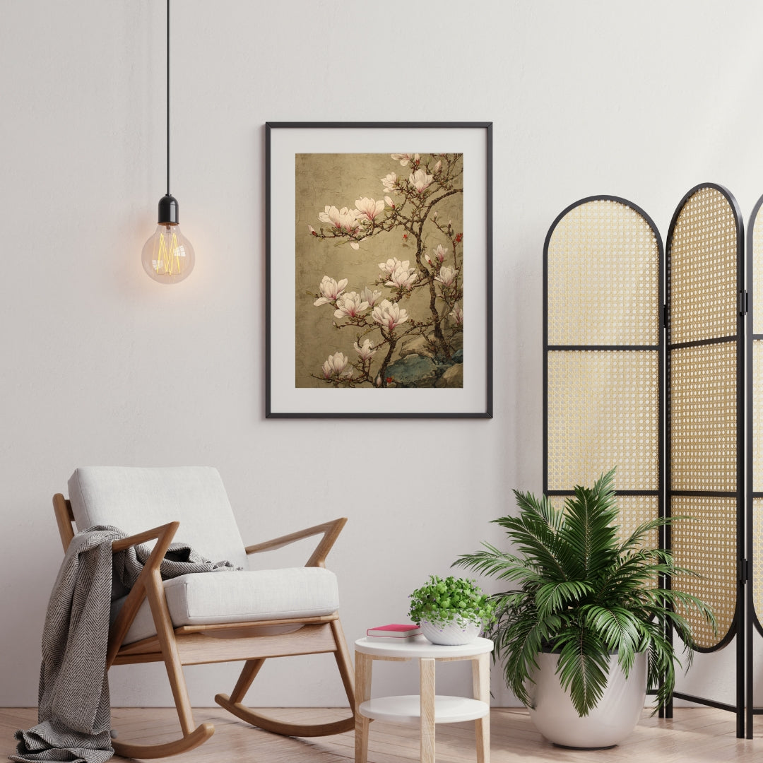 Magnolia Elegance – Chinese Gongbi Art Framed Wall Poster | Ming Dynasty Inspired Botanical Painting