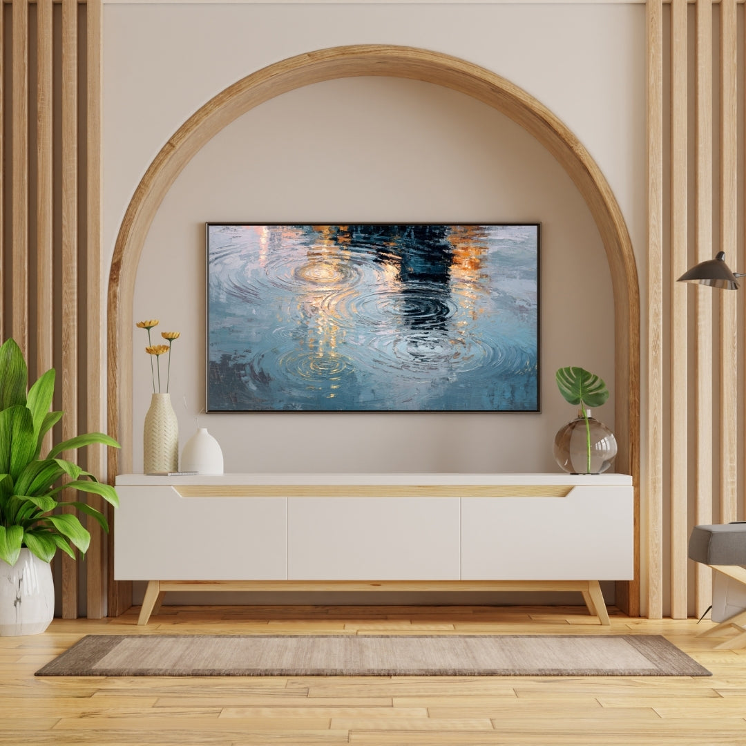 Ripples - Framed Abstract Water Reflection Art - Serene Water Ripples with Warm Light - Modern Oil Painting - Home & Office Decor