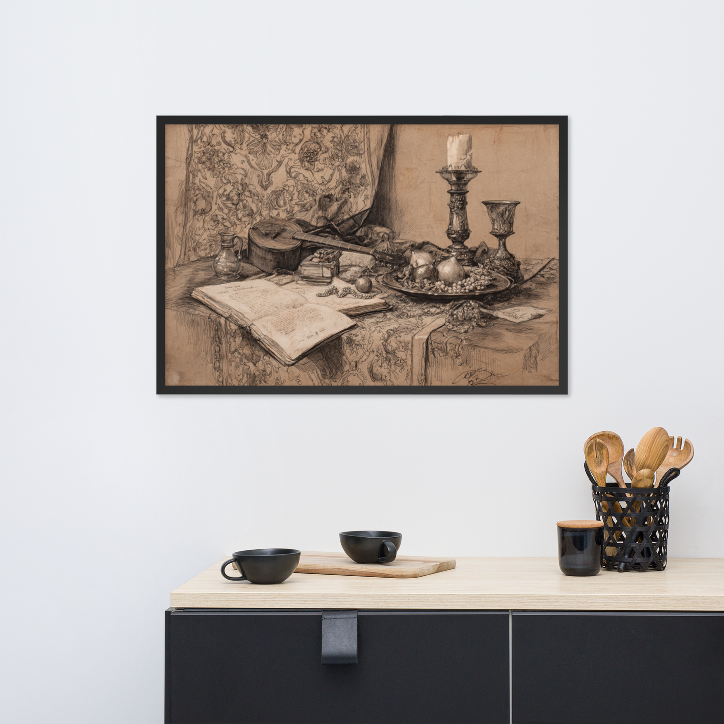 Lute & Pomegranate on Silver Plate – Vintage Renaissance Still Life Framed Poster | Elegant Classical Wall Art