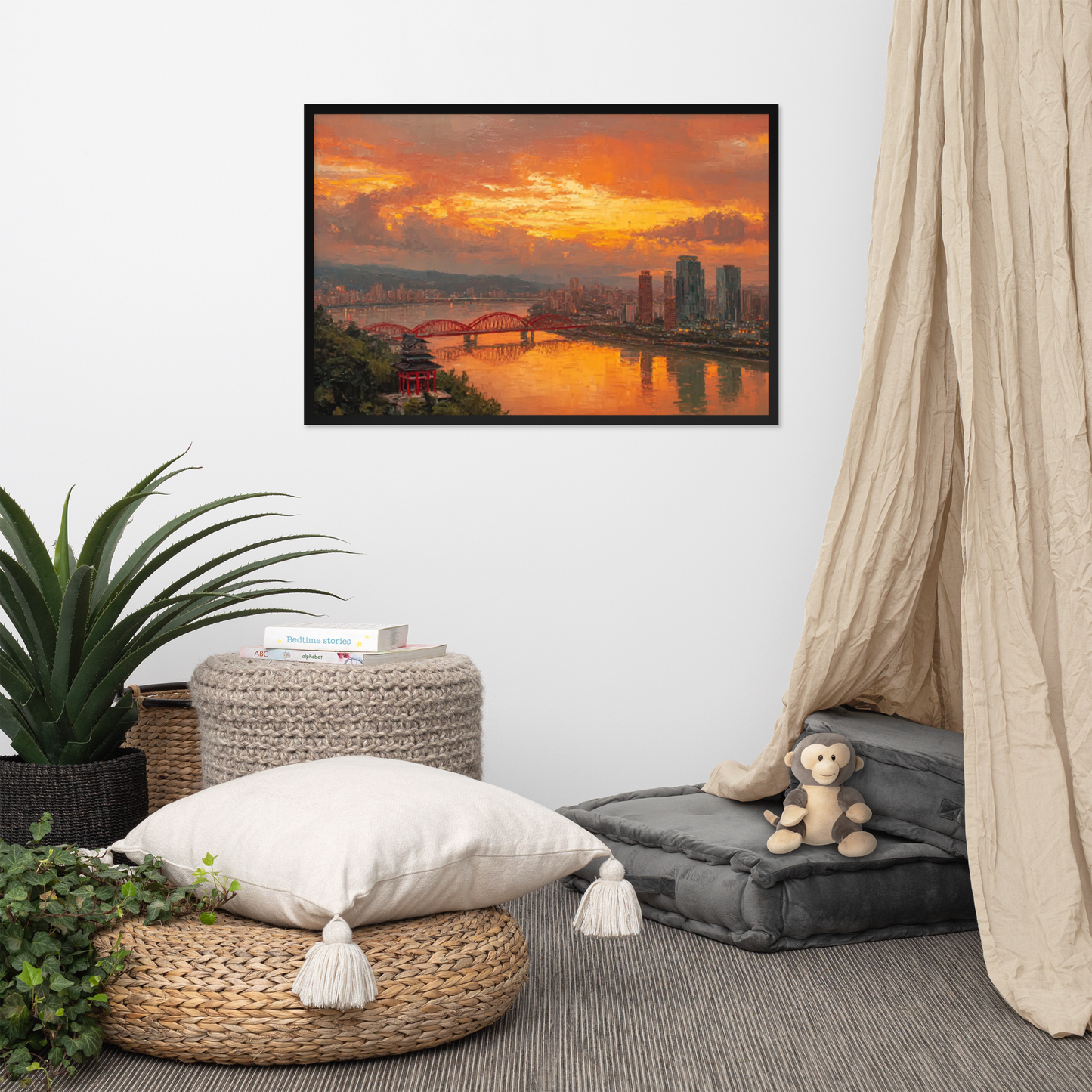 Golden City Dusk – Framed Sunset Skyline Poster | Chinese Urban Landscape Wall Art