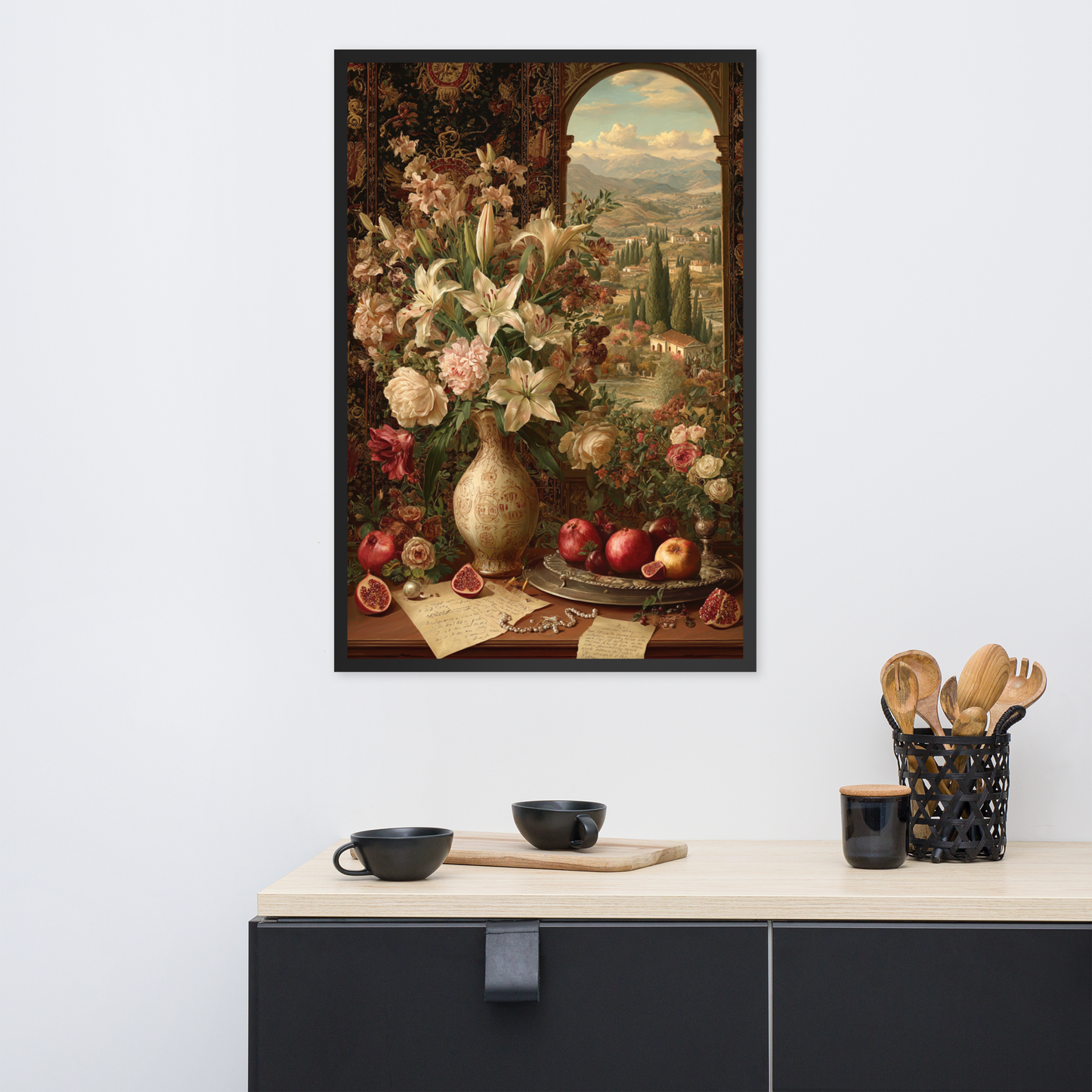 Tuscany Through the Window – Framed Courtly Oil Art with Tapestry and Landscape View