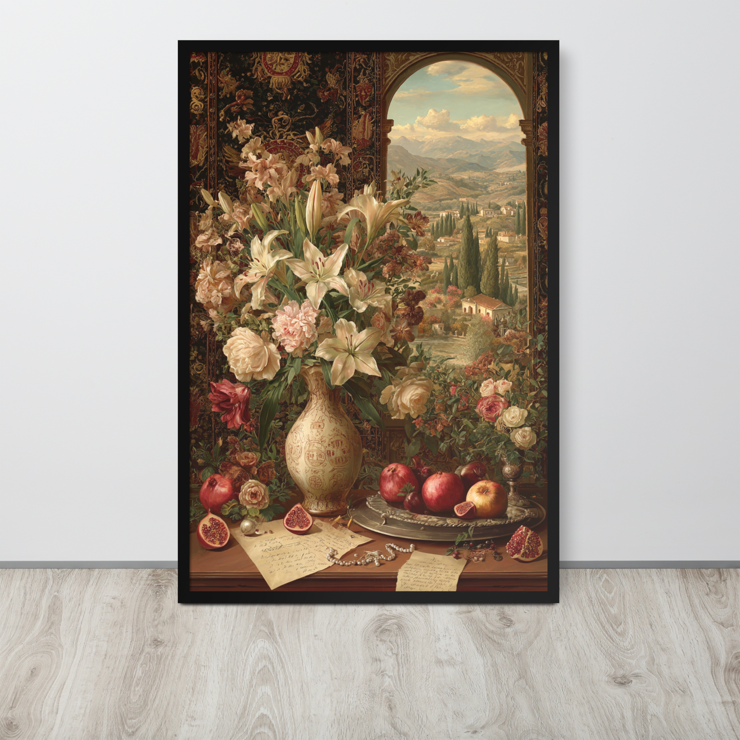 Tuscany Through the Window – Framed Courtly Oil Art with Tapestry and Landscape View