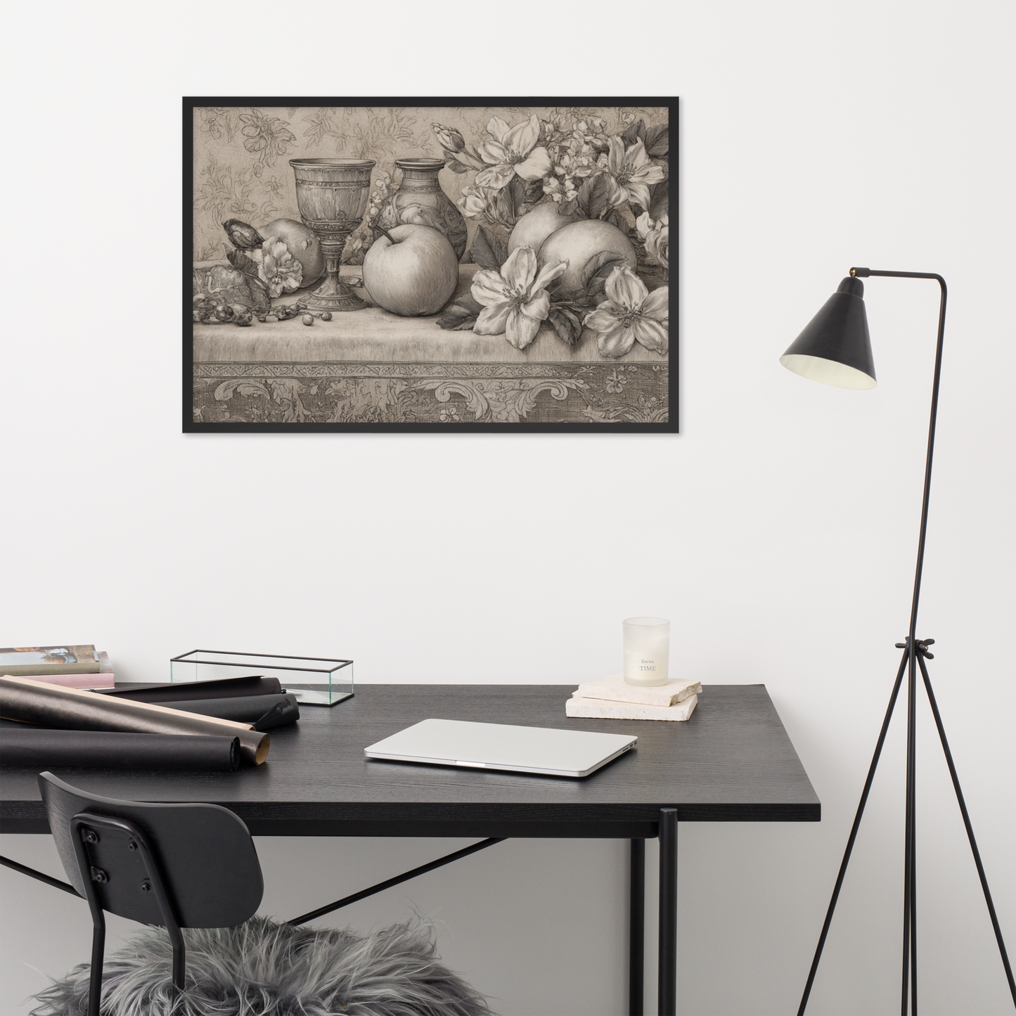 Italian Renaissance Drawing Series No.3 – Apples and Blossoms on a Tapestry Table | Framed Art Poster