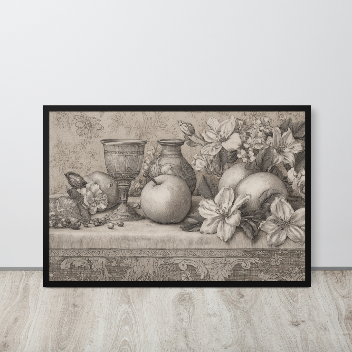 Italian Renaissance Drawing Series No.3 – Apples and Blossoms on a Tapestry Table | Framed Art Poster