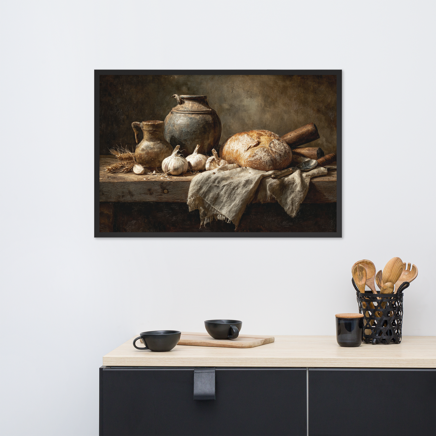 Rustic Bread & Clay Still Life – Framed Farmhouse Kitchen Poster