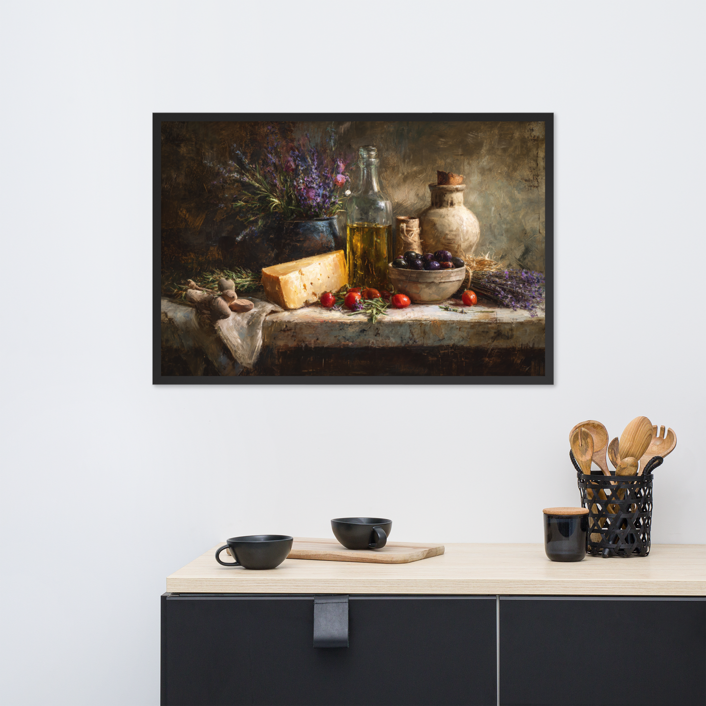 Rustic Kitchen Charm – Framed Poster of Herbs, Olives & Lavender Still Life