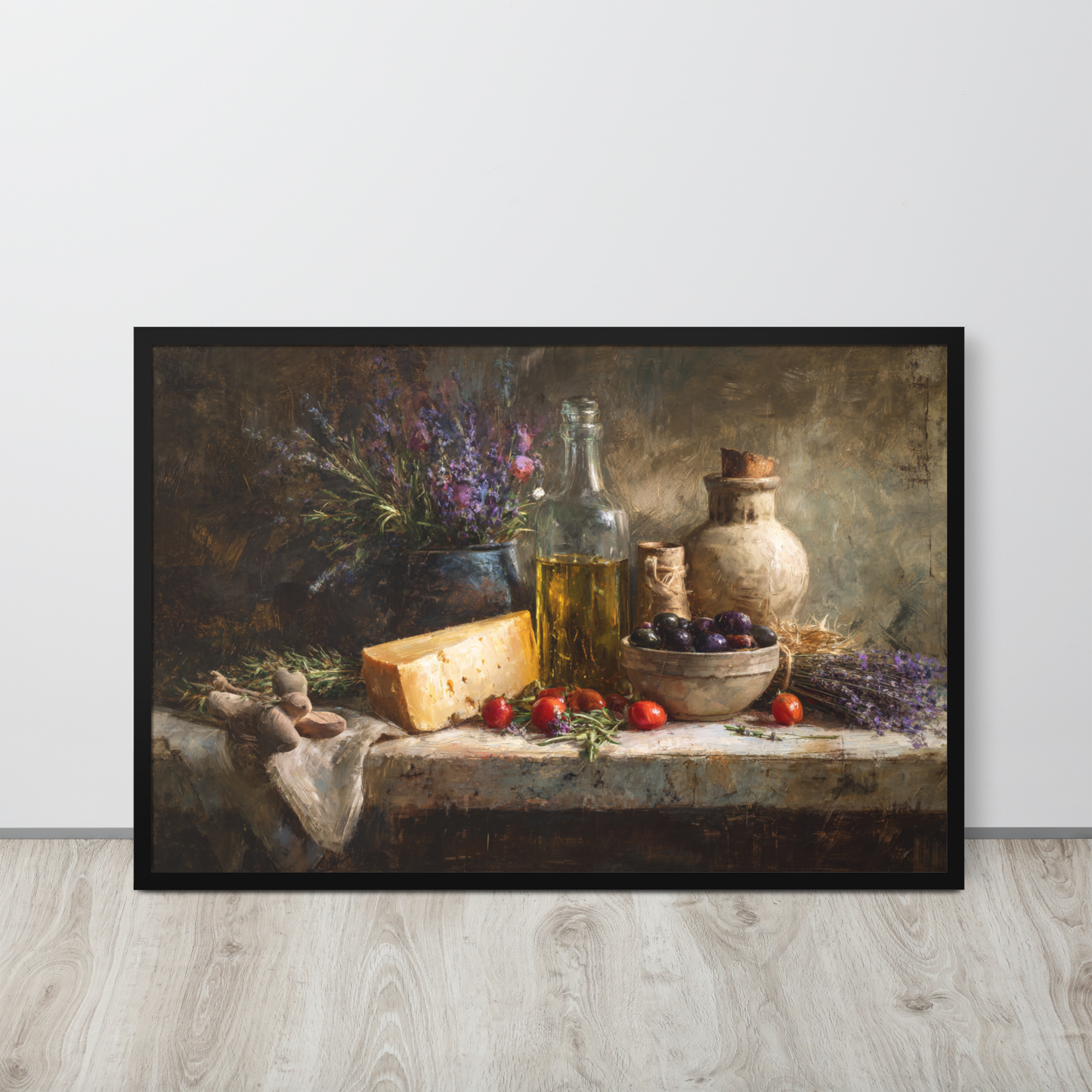 Rustic Kitchen Charm – Framed Poster of Herbs, Olives & Lavender Still Life