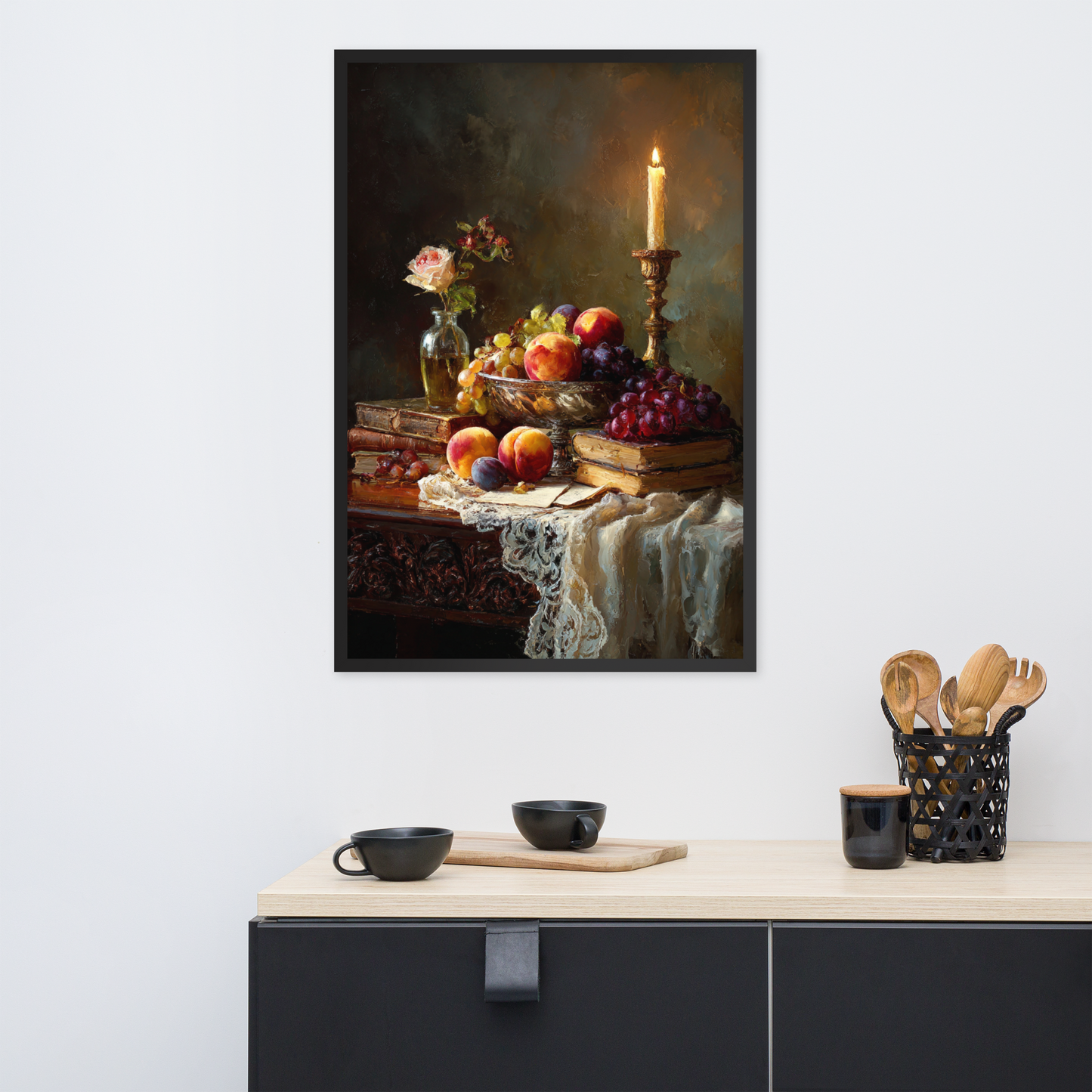 Oil Painting Still Life 1 — Golden Elegance: Classic Fruits and Books Framed Art Print