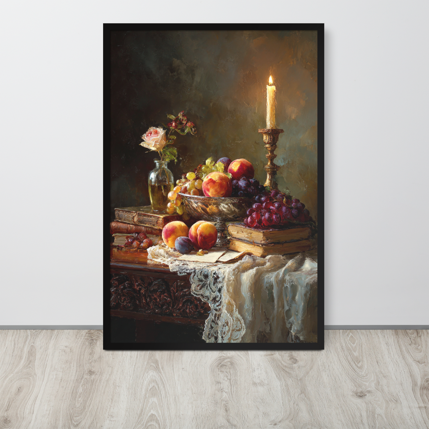 Oil Painting Still Life 1 — Golden Elegance: Classic Fruits and Books Framed Art Print