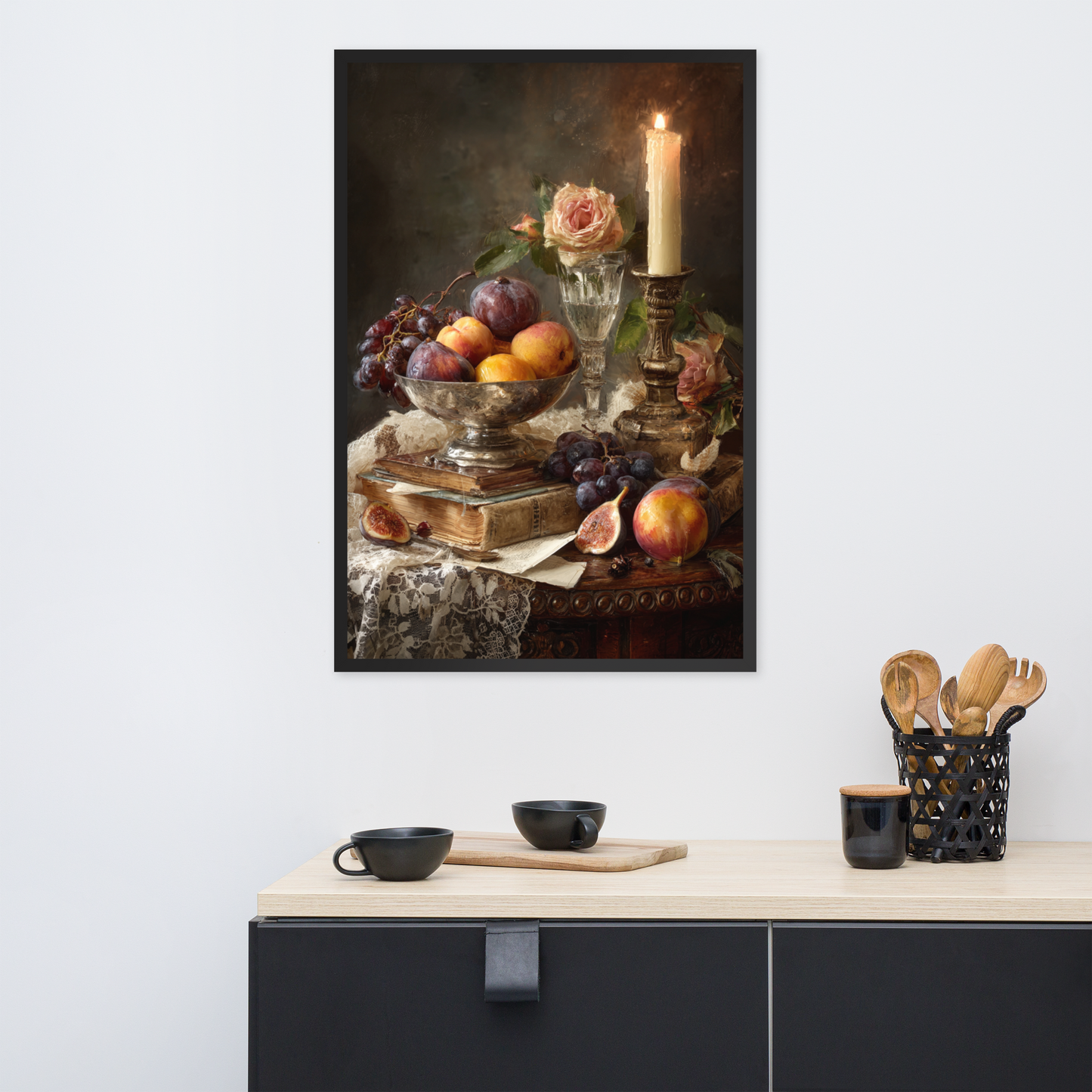 Oil Painting Still Life 2 — Victorian Charm: Candlelit Fruits and Flowers Framed Art Print