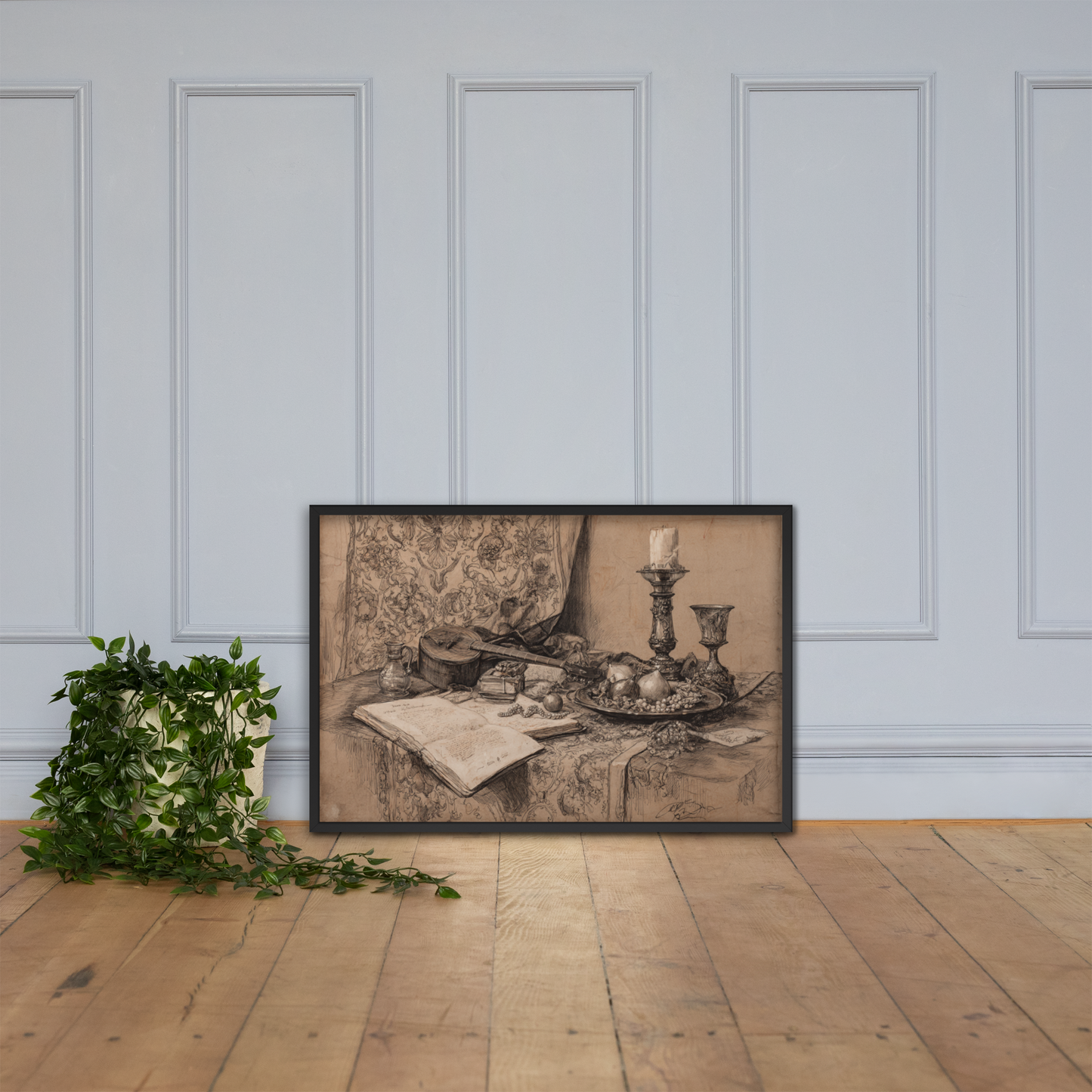 Lute & Pomegranate on Silver Plate – Vintage Renaissance Still Life Framed Poster | Elegant Classical Wall Art