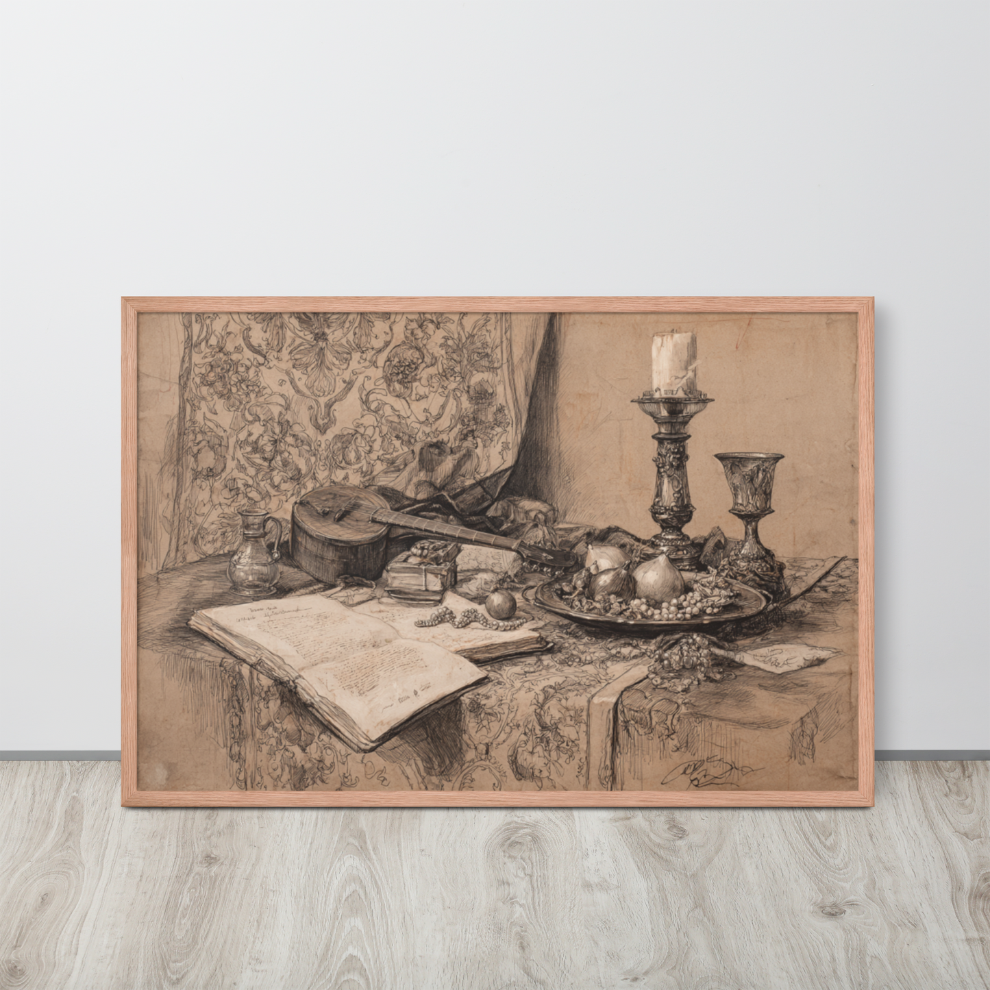Lute & Pomegranate on Silver Plate – Vintage Renaissance Still Life Framed Poster | Elegant Classical Wall Art