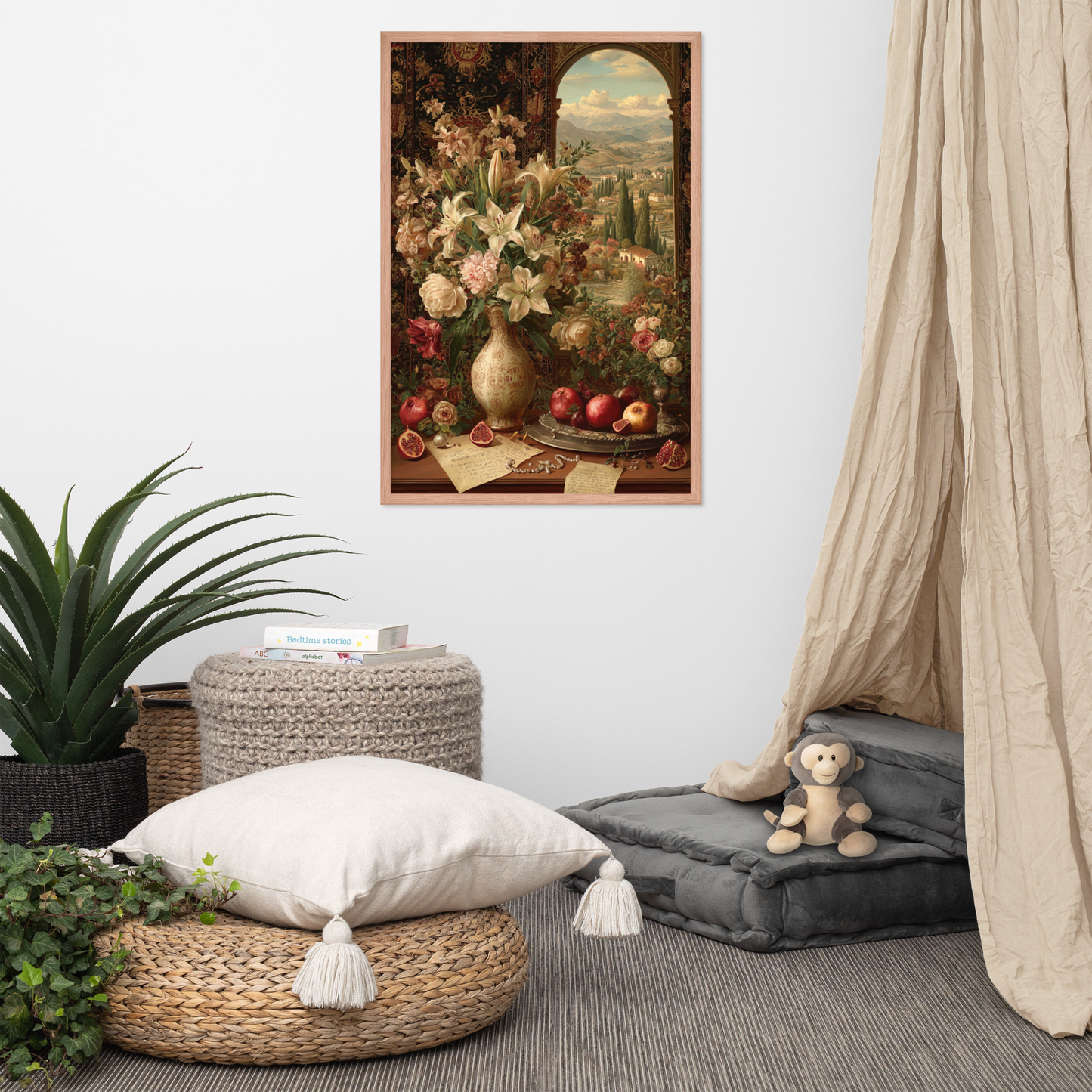 Tuscany Through the Window – Framed Courtly Oil Art with Tapestry and Landscape View