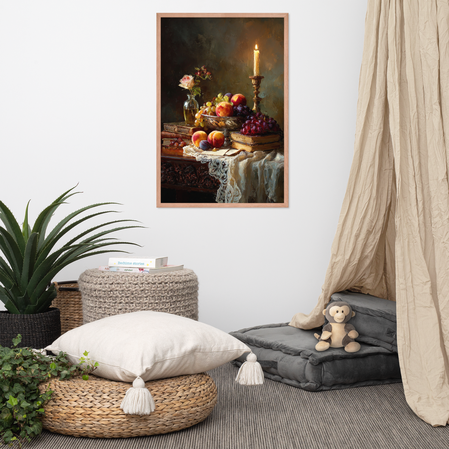Oil Painting Still Life 1 — Golden Elegance: Classic Fruits and Books Framed Art Print