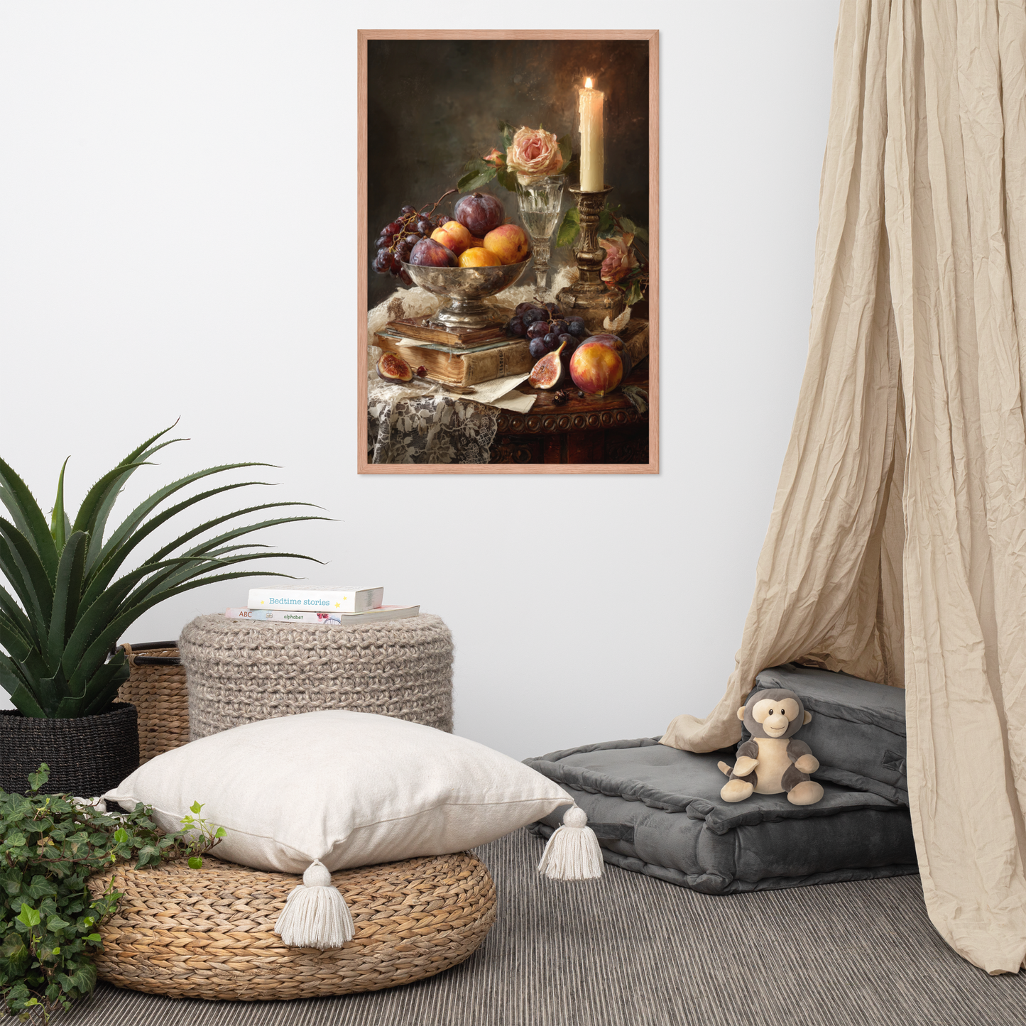 Oil Painting Still Life 2 — Victorian Charm: Candlelit Fruits and Flowers Framed Art Print