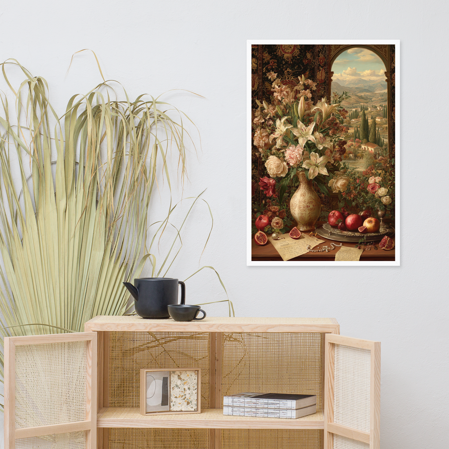 Tuscany Through the Window – Framed Courtly Oil Art with Tapestry and Landscape View
