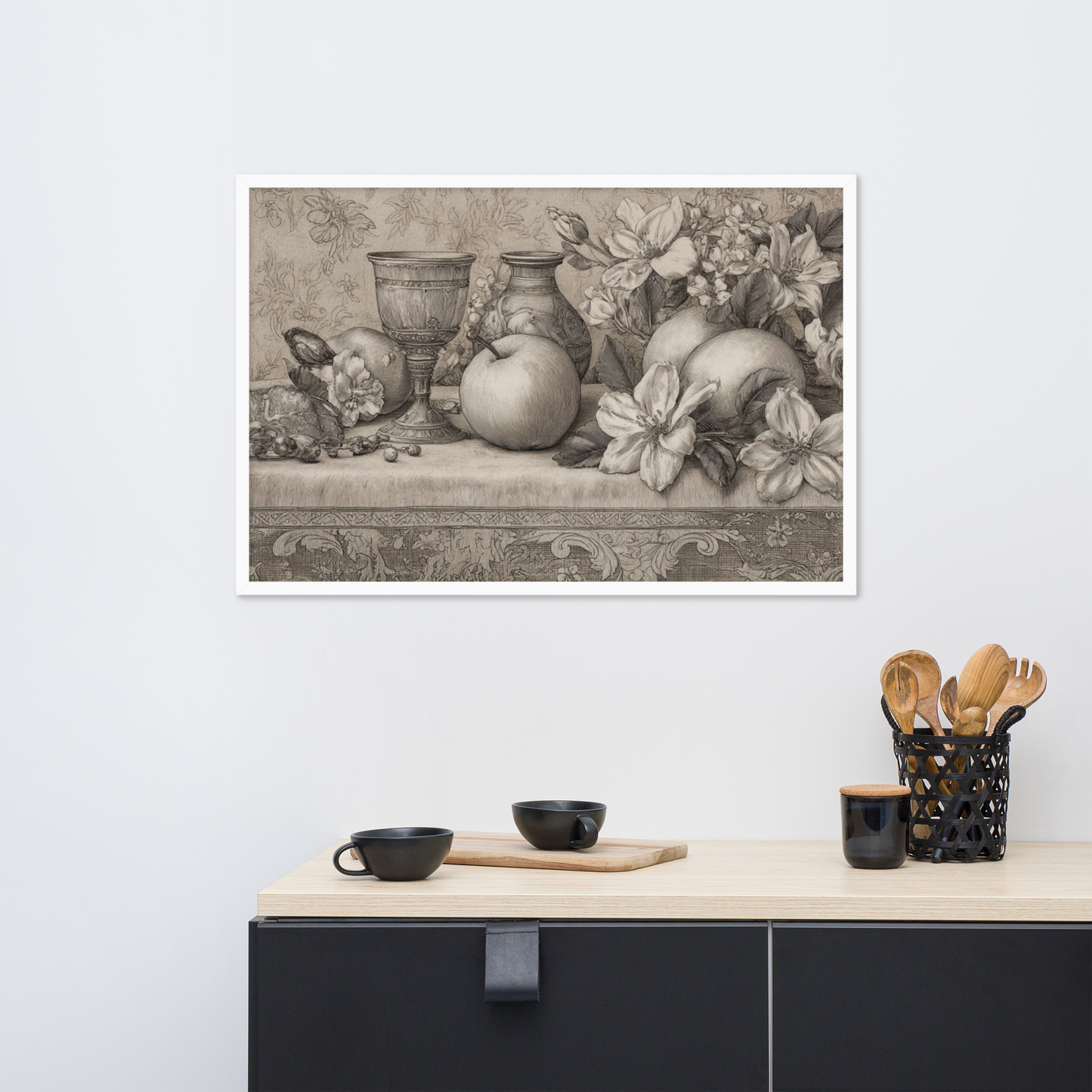 Italian Renaissance Drawing Series No.3 – Apples and Blossoms on a Tapestry Table | Framed Art Poster
