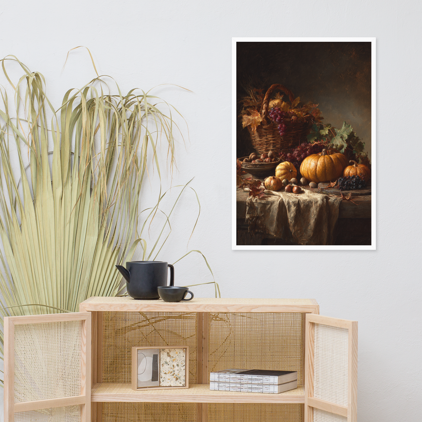 Autumn Harvest Still Life Framed Art Print – Rustic Pumpkin & Vineyard Oil Painting for Vintage Farmhouse Wall Décor