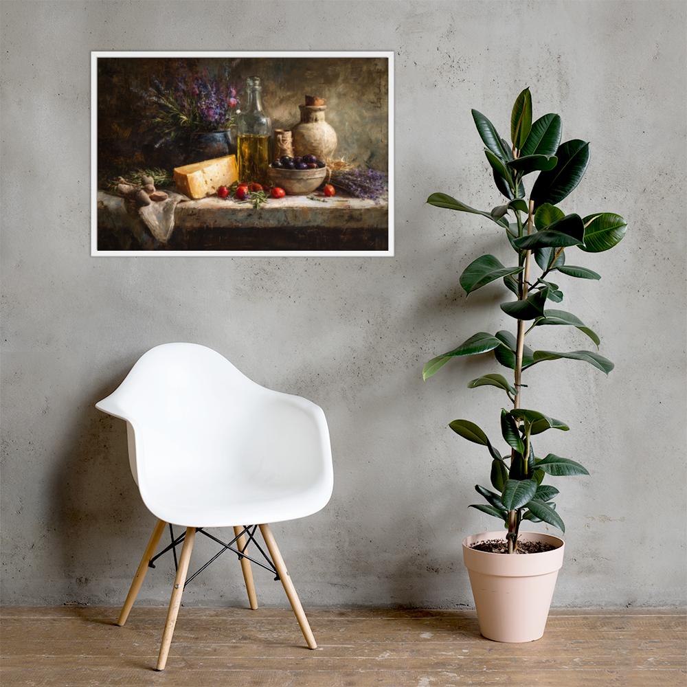 Rustic Kitchen Charm – Framed Poster of Herbs, Olives & Lavender Still Life