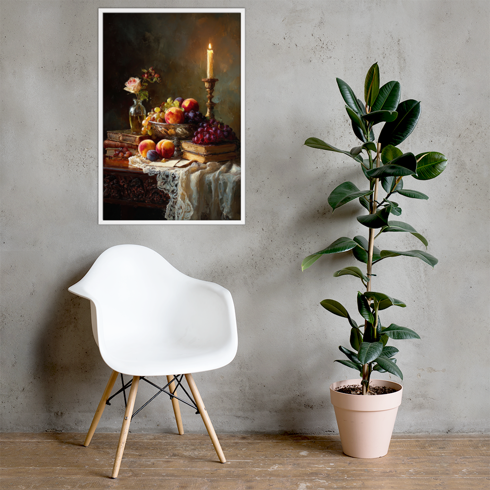 Oil Painting Still Life 1 — Golden Elegance: Classic Fruits and Books Framed Art Print