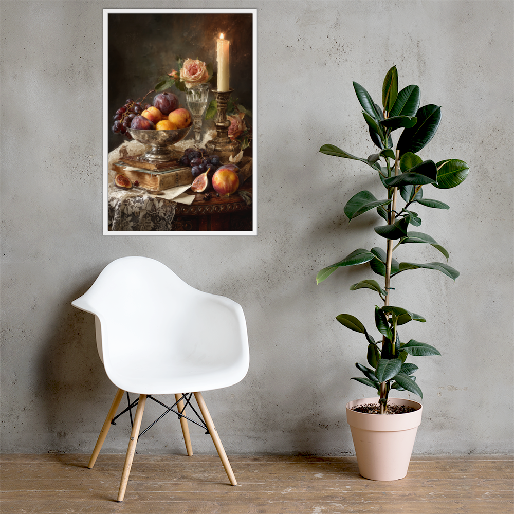 Oil Painting Still Life 2 — Victorian Charm: Candlelit Fruits and Flowers Framed Art Print