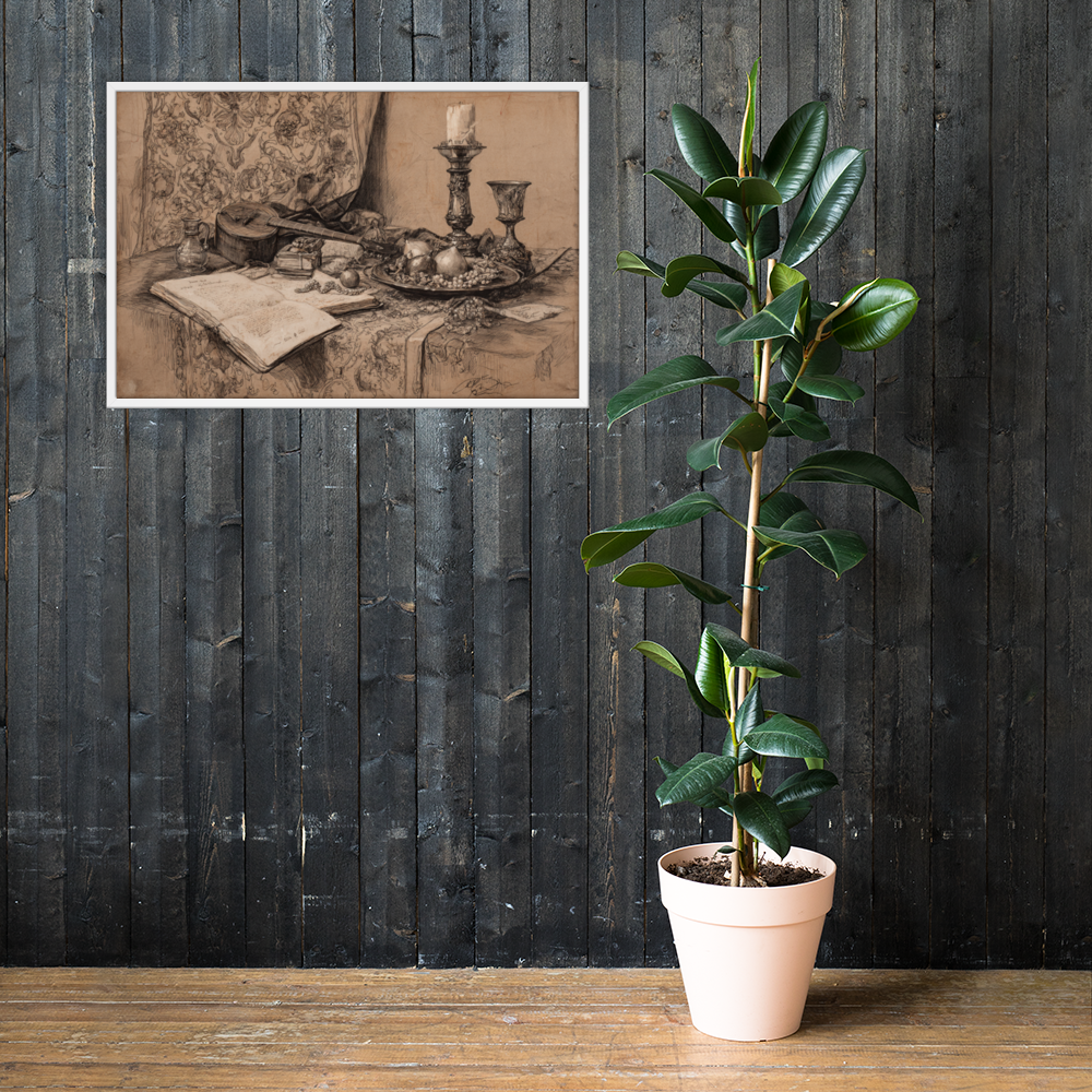 Lute & Pomegranate on Silver Plate – Vintage Renaissance Still Life Framed Poster | Elegant Classical Wall Art