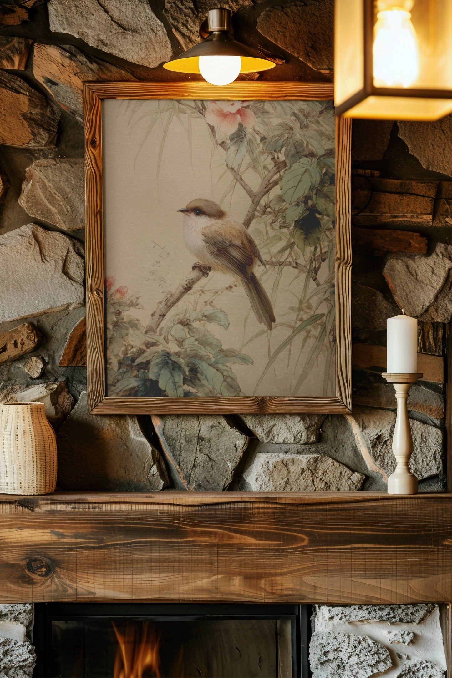 Charming Resting Chick – Chinese Gongbi Bird & Blossom Framed Wall Art | Tranquil Nature Painting