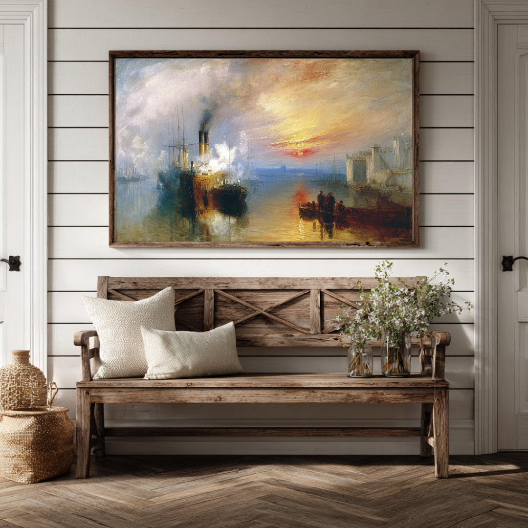 Harbor Sunset – Romantic Maritime Seascape Oil Painting | Digital Download Wall Art, Nautical Coastal Decor, Ocean Sunset Print