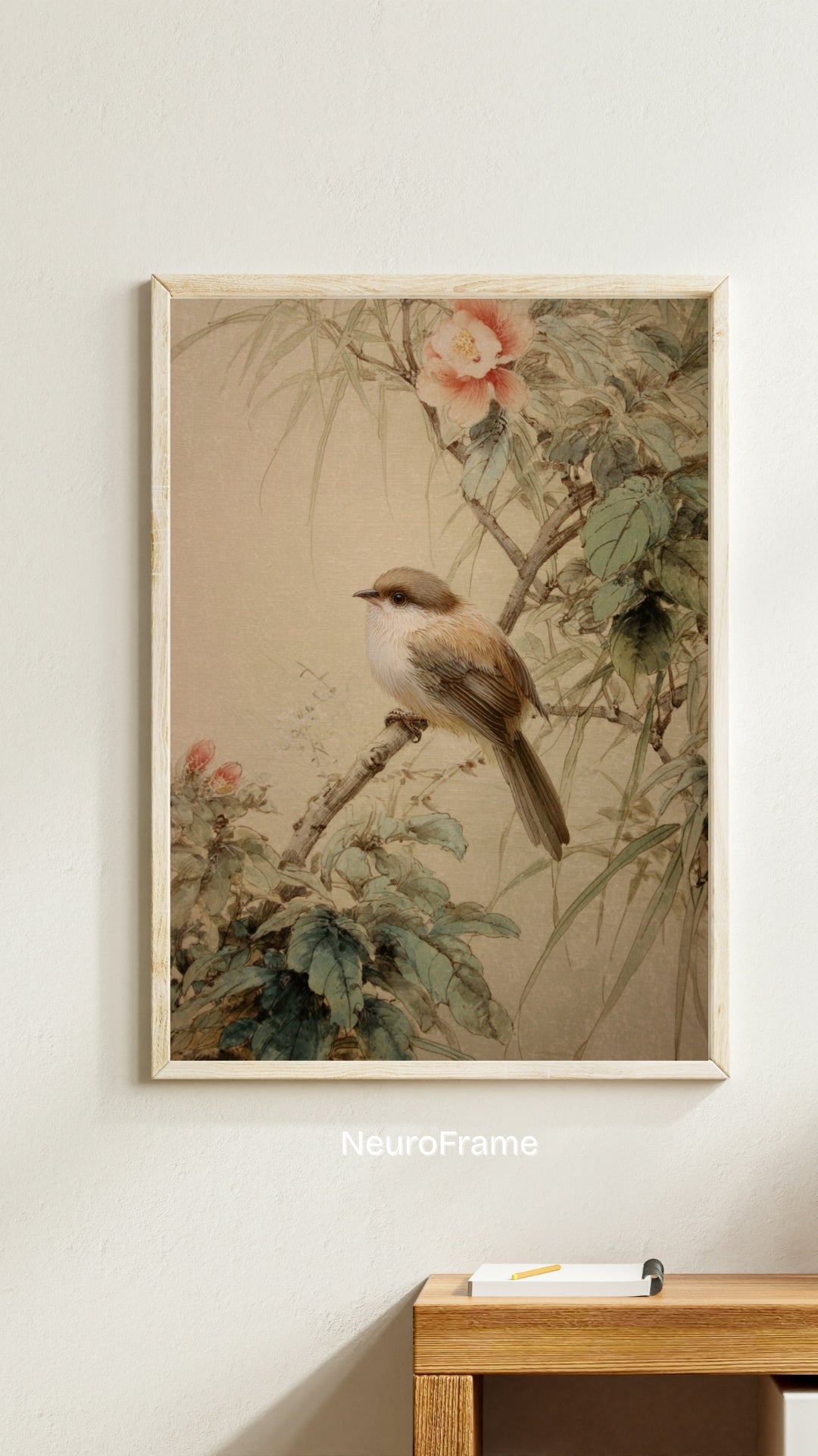 Charming Resting Chick – Chinese Gongbi Bird & Blossom Framed Wall Art | Tranquil Nature Painting