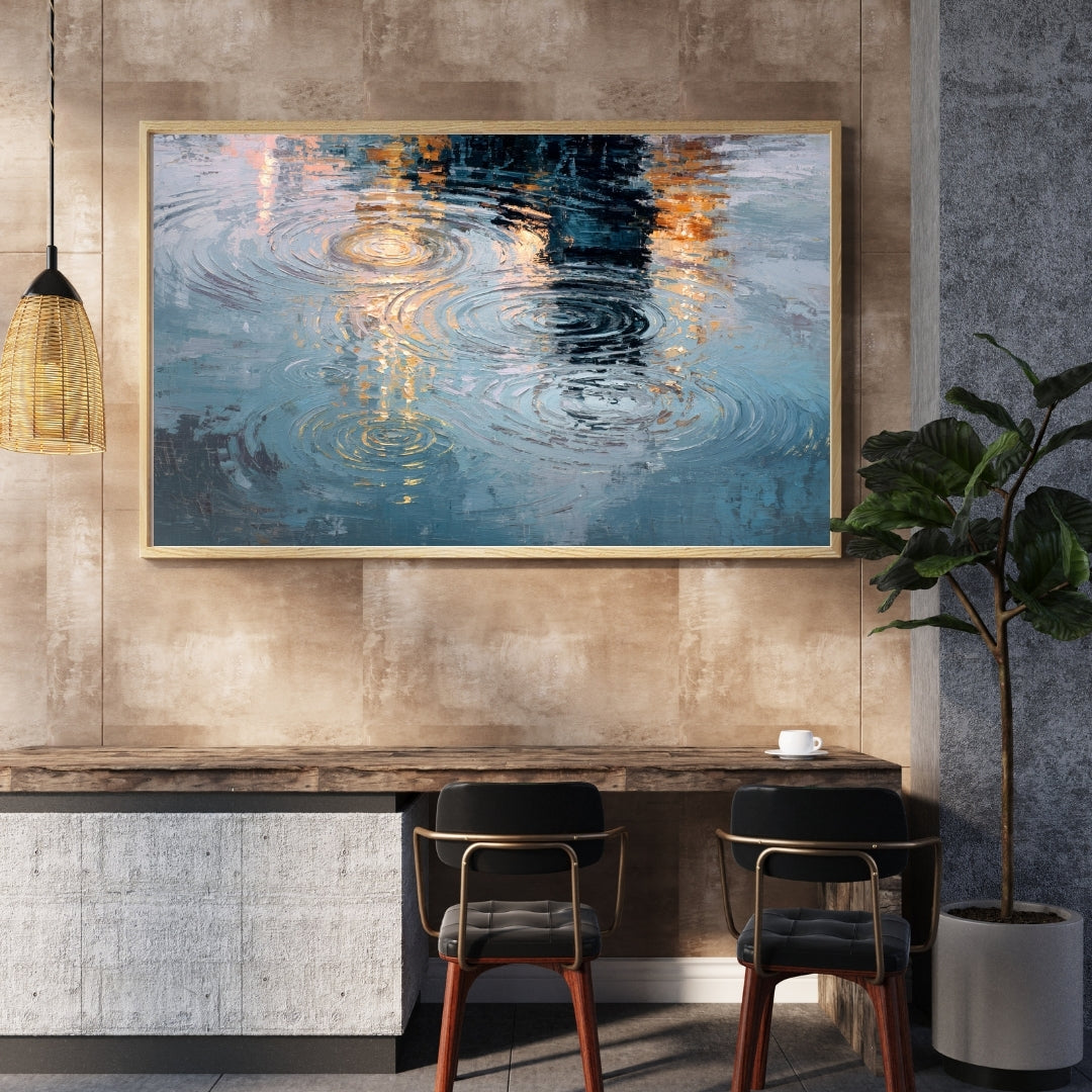 Ripples - Framed Abstract Water Reflection Art - Serene Water Ripples with Warm Light - Modern Oil Painting - Home & Office Decor