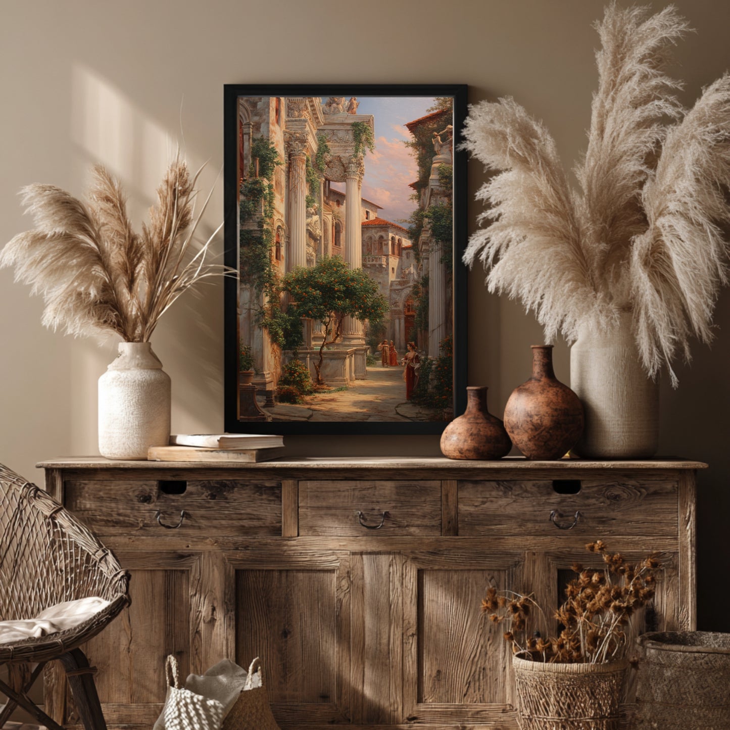 Renaissance Courtyard Elegance – Framed Poster of Noblewoman beneath Marble Columns | Italian Garden Wall Art