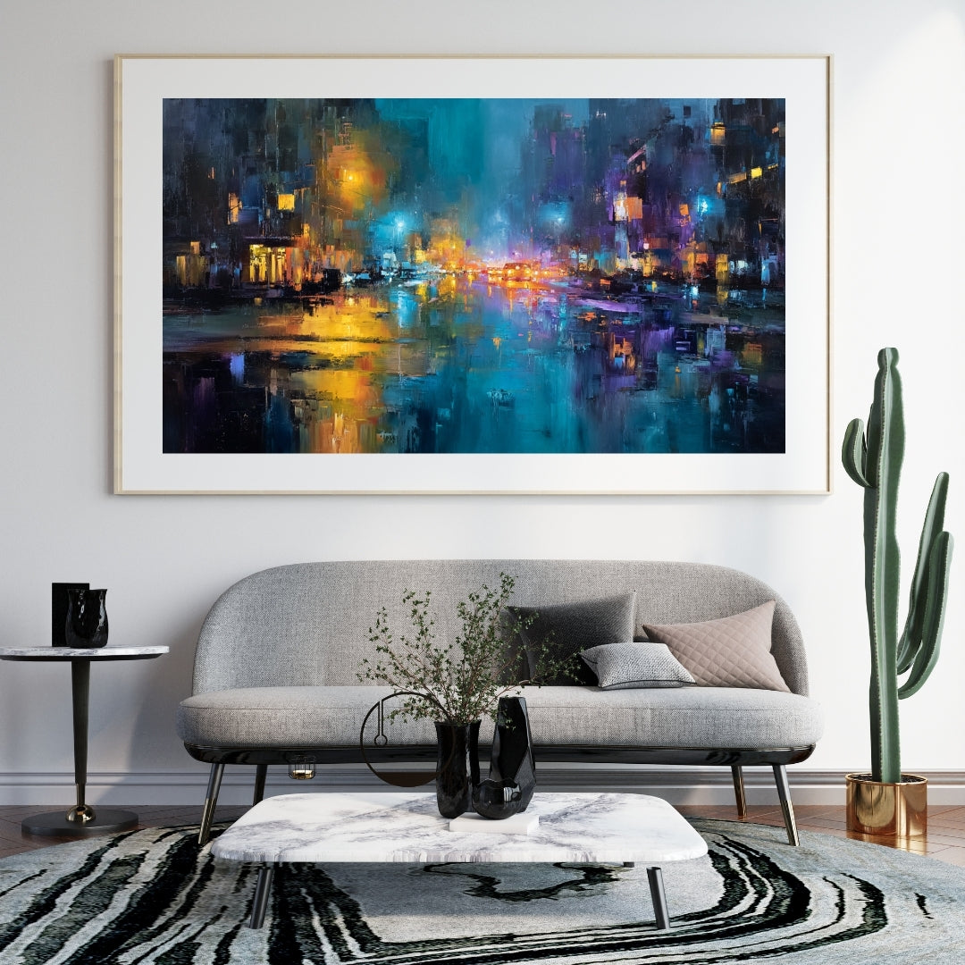 Deep Night Streets - Framed Abstract Cityscape Art Print - Modern Urban Nocturne - Streetlights Reflection - Acrylic Front Protector - Home & Office Decor