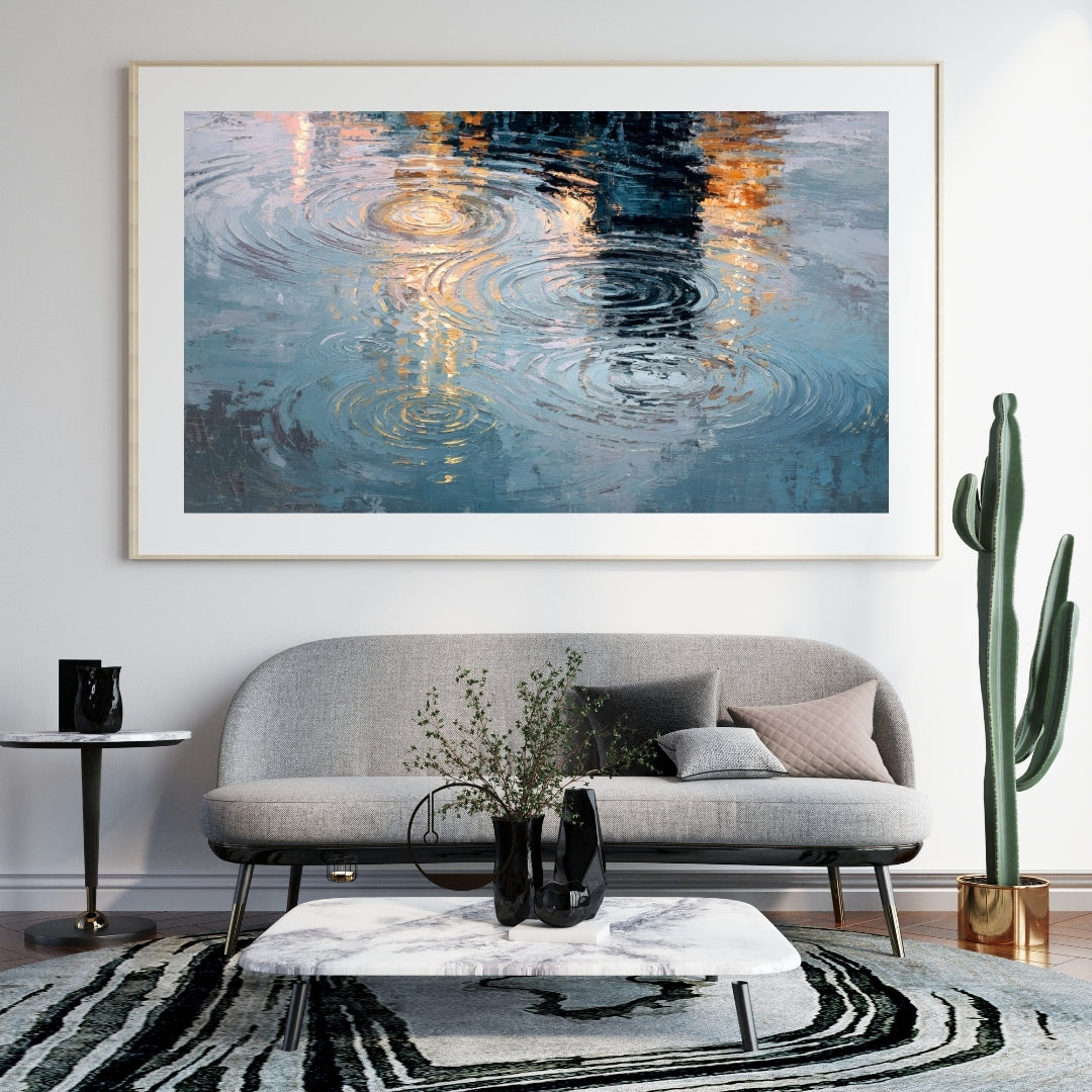 Ripples - Framed Abstract Water Reflection Art - Serene Water Ripples with Warm Light - Modern Oil Painting - Home & Office Decor