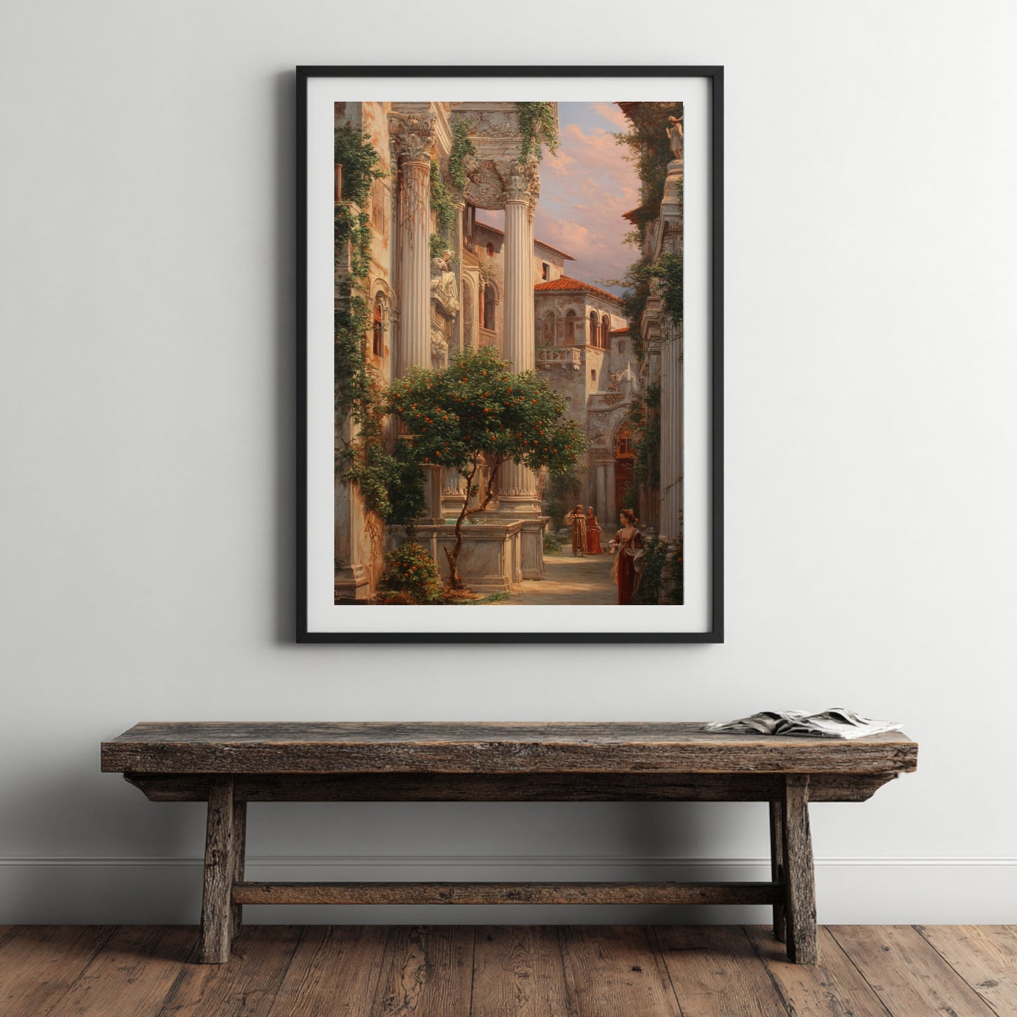 Renaissance Courtyard Elegance – Framed Poster of Noblewoman beneath Marble Columns | Italian Garden Wall Art