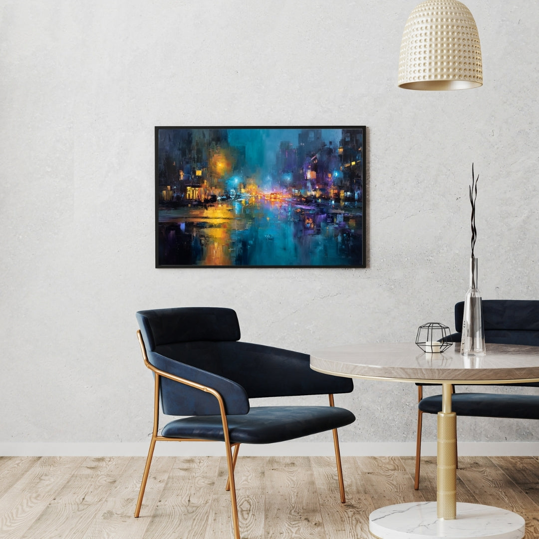 Deep Night Streets - Framed Abstract Cityscape Art Print - Modern Urban Nocturne - Streetlights Reflection - Acrylic Front Protector - Home & Office Decor
