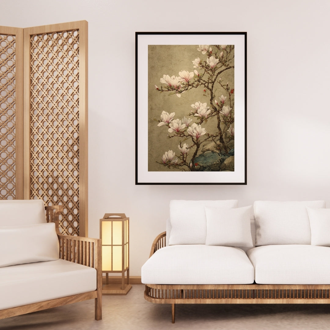 Magnolia Elegance – Chinese Gongbi Art Framed Wall Poster | Ming Dynasty Inspired Botanical Painting