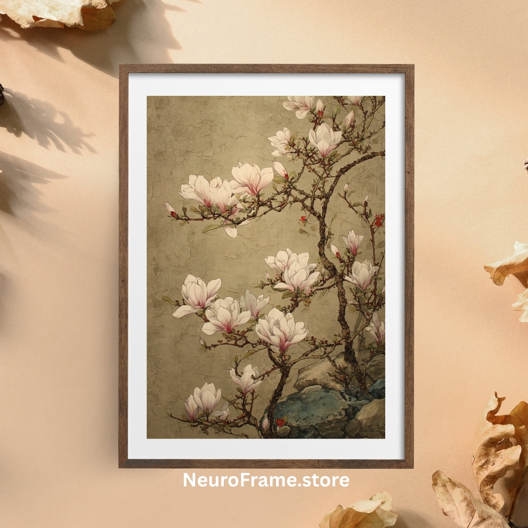 Magnolia Elegance – Chinese Gongbi Art Framed Wall Poster | Ming Dynasty Inspired Botanical Painting
