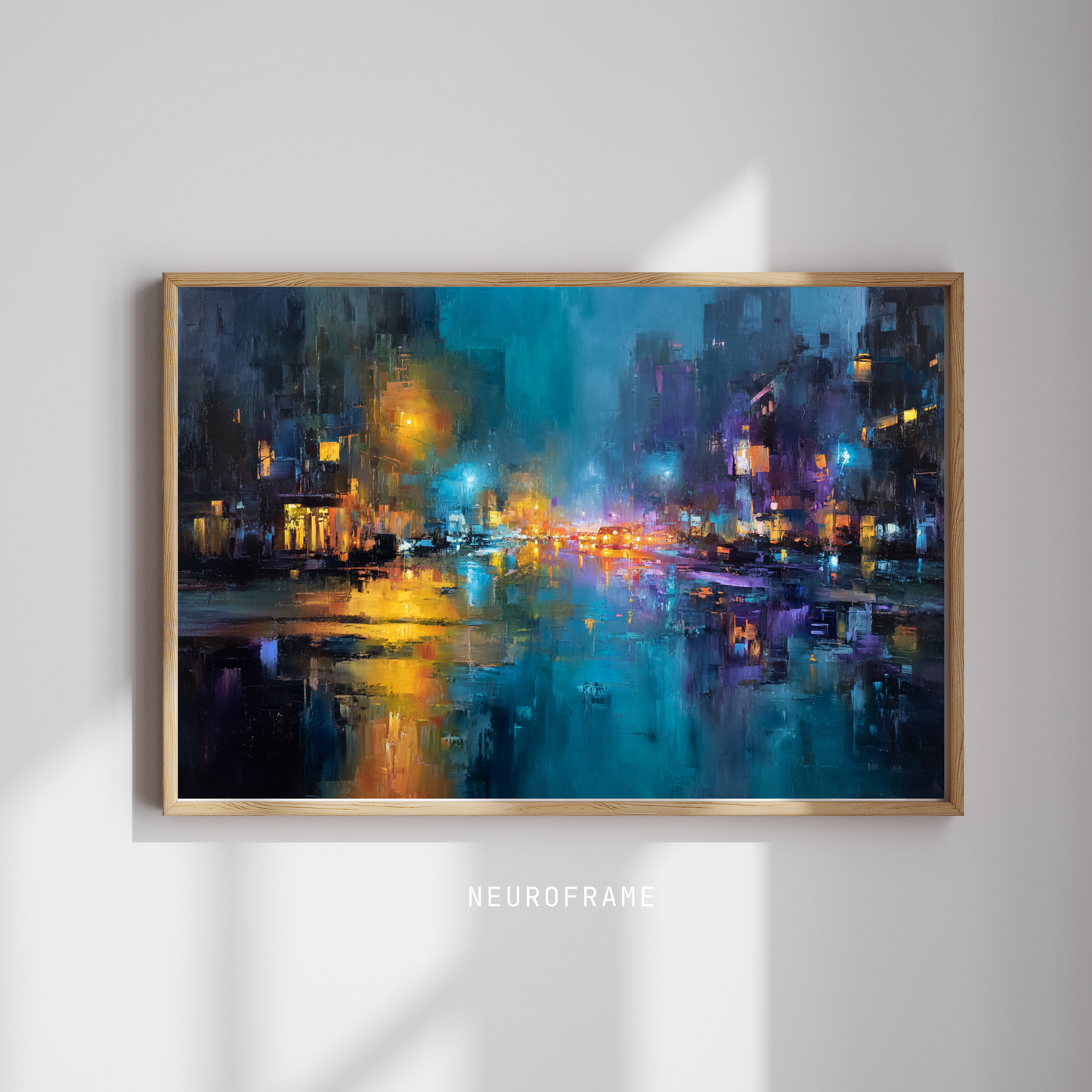 Deep Night Streets - Framed Abstract Cityscape Art Print - Modern Urban Nocturne - Streetlights Reflection - Acrylic Front Protector - Home & Office Decor