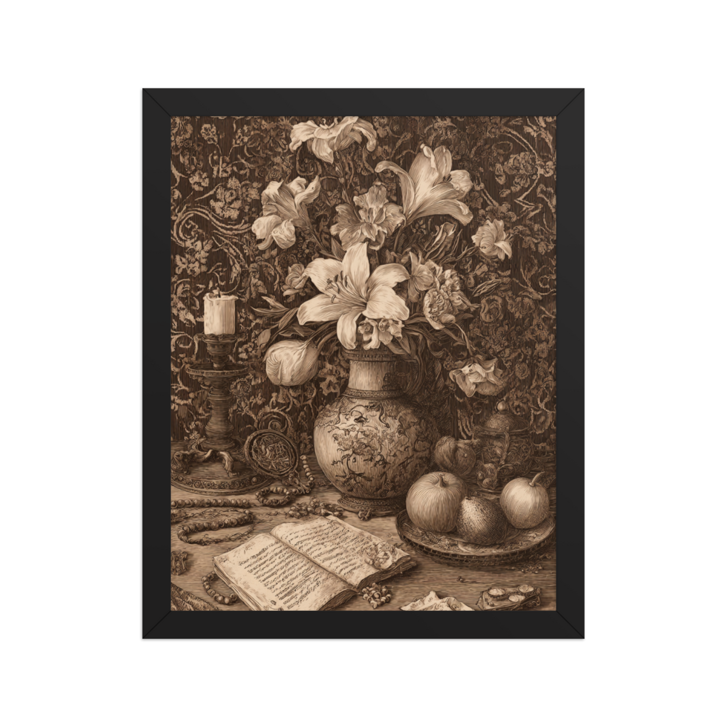 Sepia Renaissance Still Life – Framed Poster Wall Art | Symbolic Floral Decor | Printable Antique Aesthetic