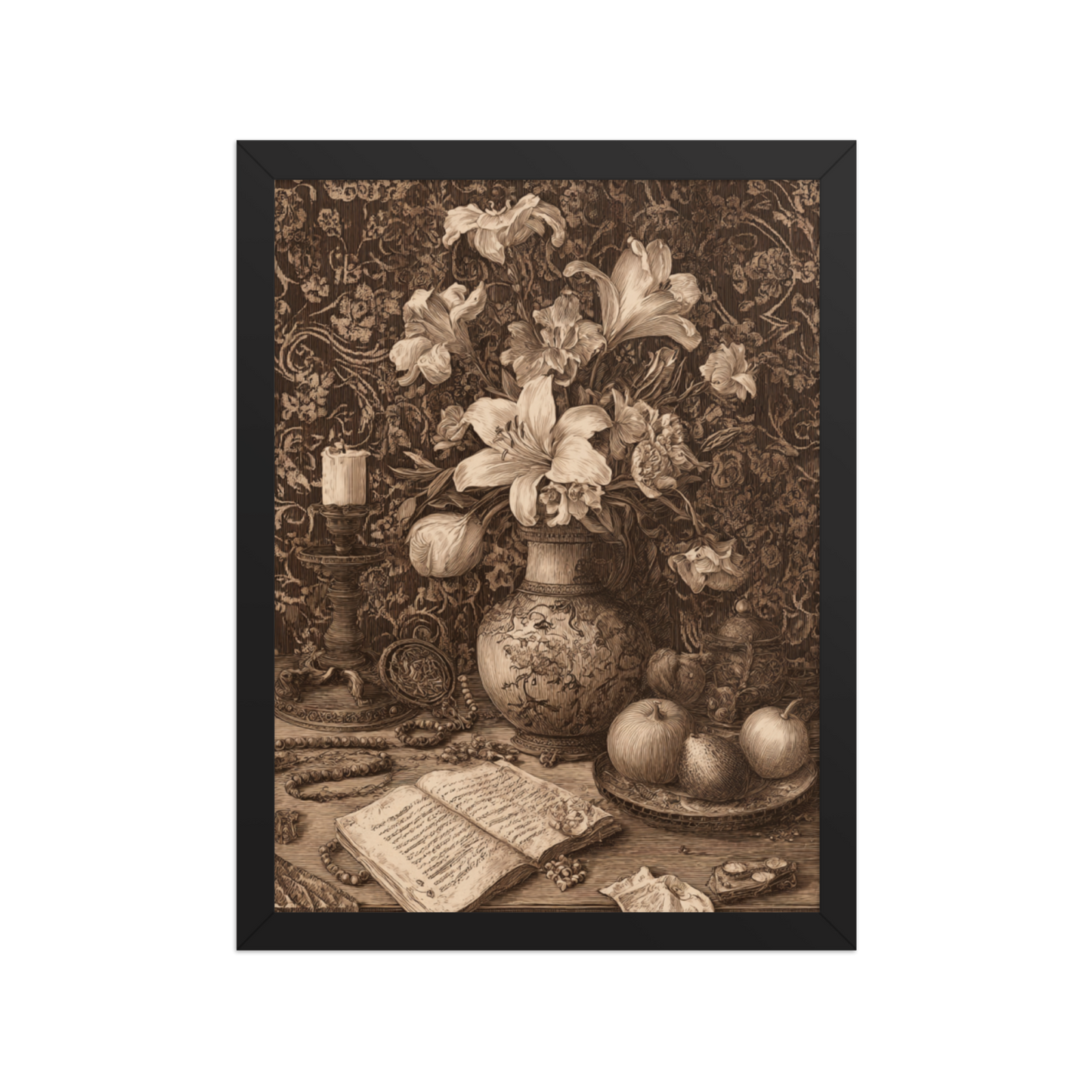 Sepia Renaissance Still Life – Framed Poster Wall Art | Symbolic Floral Decor | Printable Antique Aesthetic