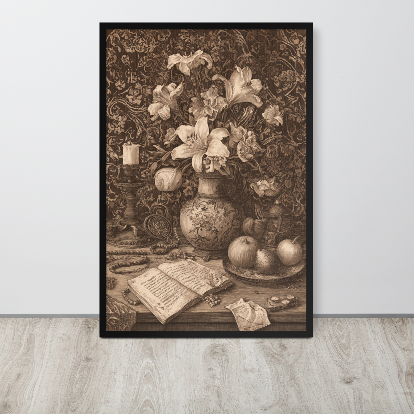 Sepia Renaissance Still Life – Framed Poster Wall Art | Symbolic Floral Decor | Printable Antique Aesthetic