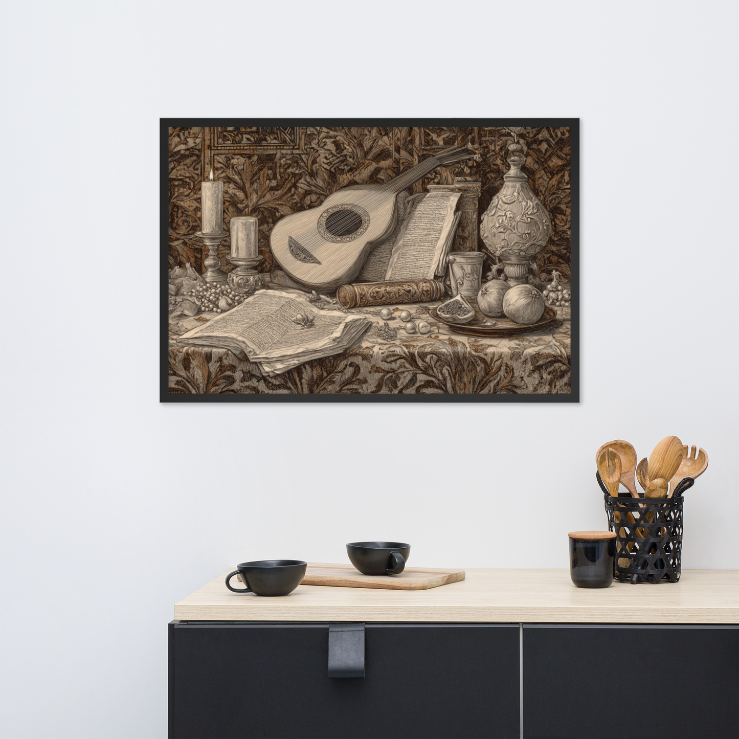 Renaissance Lute & Pomegranate –  Antique Music Wall Art Print | Vintage Still Life Wall Decor | Framed Vintage Poster