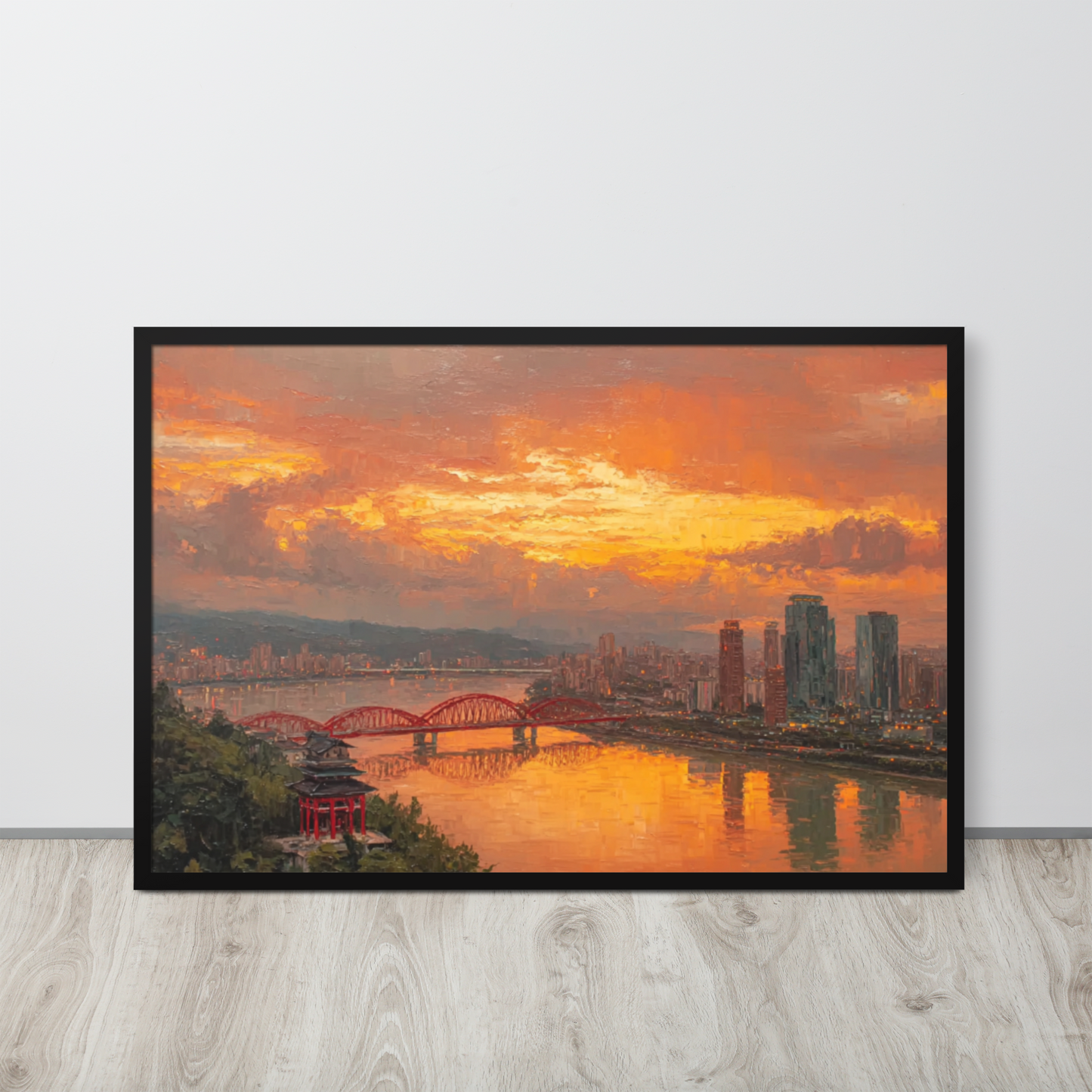 Golden City Dusk – Framed Sunset Skyline Poster | Chinese Urban Landscape Wall Art