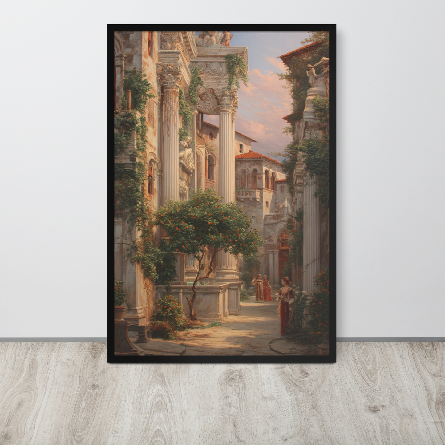 Renaissance Courtyard Elegance – Framed Poster of Noblewoman beneath Marble Columns | Italian Garden Wall Art