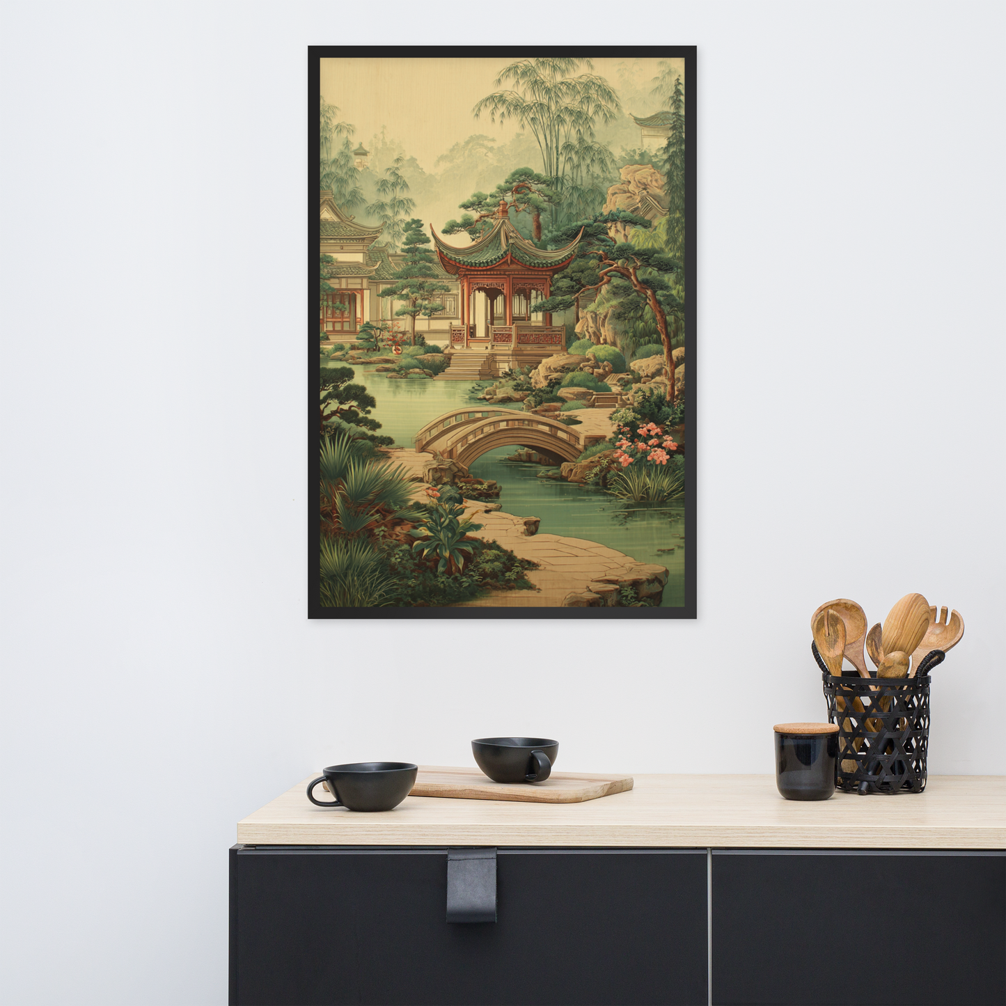 Tranquil Scholar’s Garden Pavilion – Framed Gongbi Landscape Poster