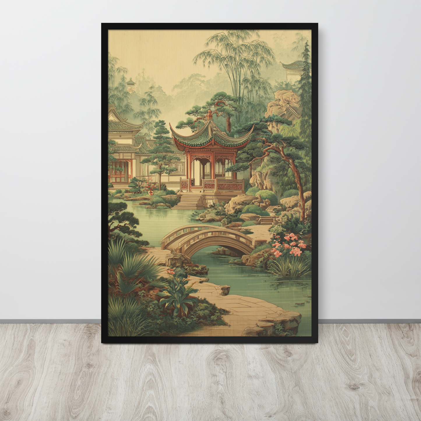 Tranquil Scholar’s Garden Pavilion – Framed Gongbi Landscape Poster