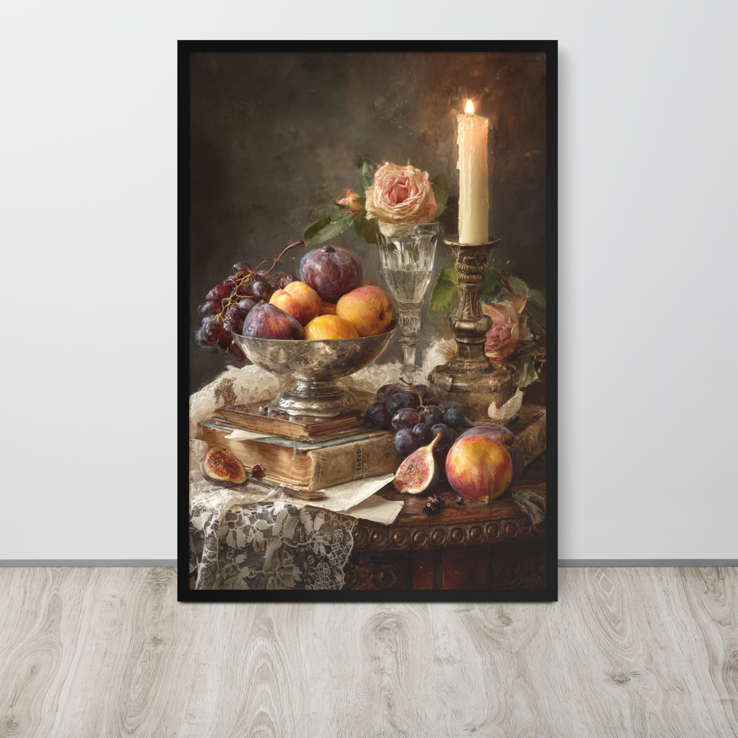 Oil Painting Still Life 2 — Victorian Charm: Candlelit Fruits and Flowers Framed Art Print