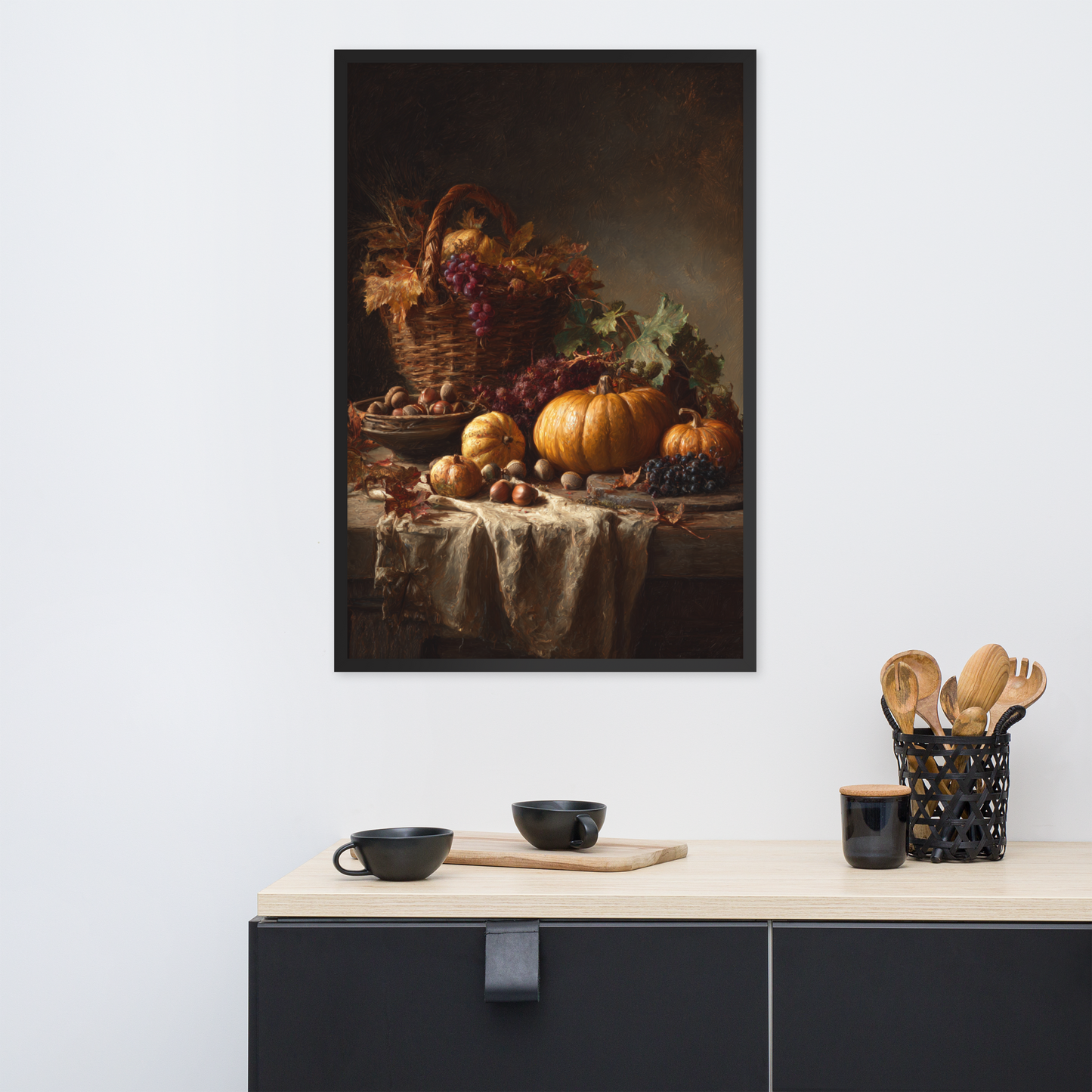 Autumn Harvest Still Life Framed Art Print – Rustic Pumpkin & Vineyard Oil Painting for Vintage Farmhouse Wall Décor